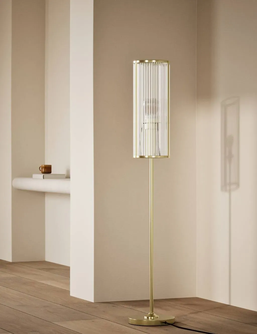 Ribbed Glass Floor Lamp - Antique Brass image
