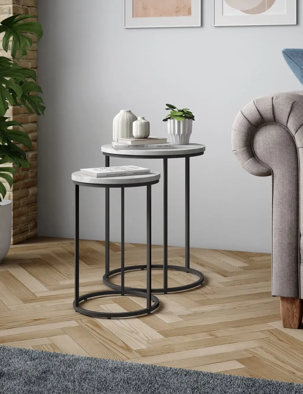 Round Nest of Tables - White, Marble