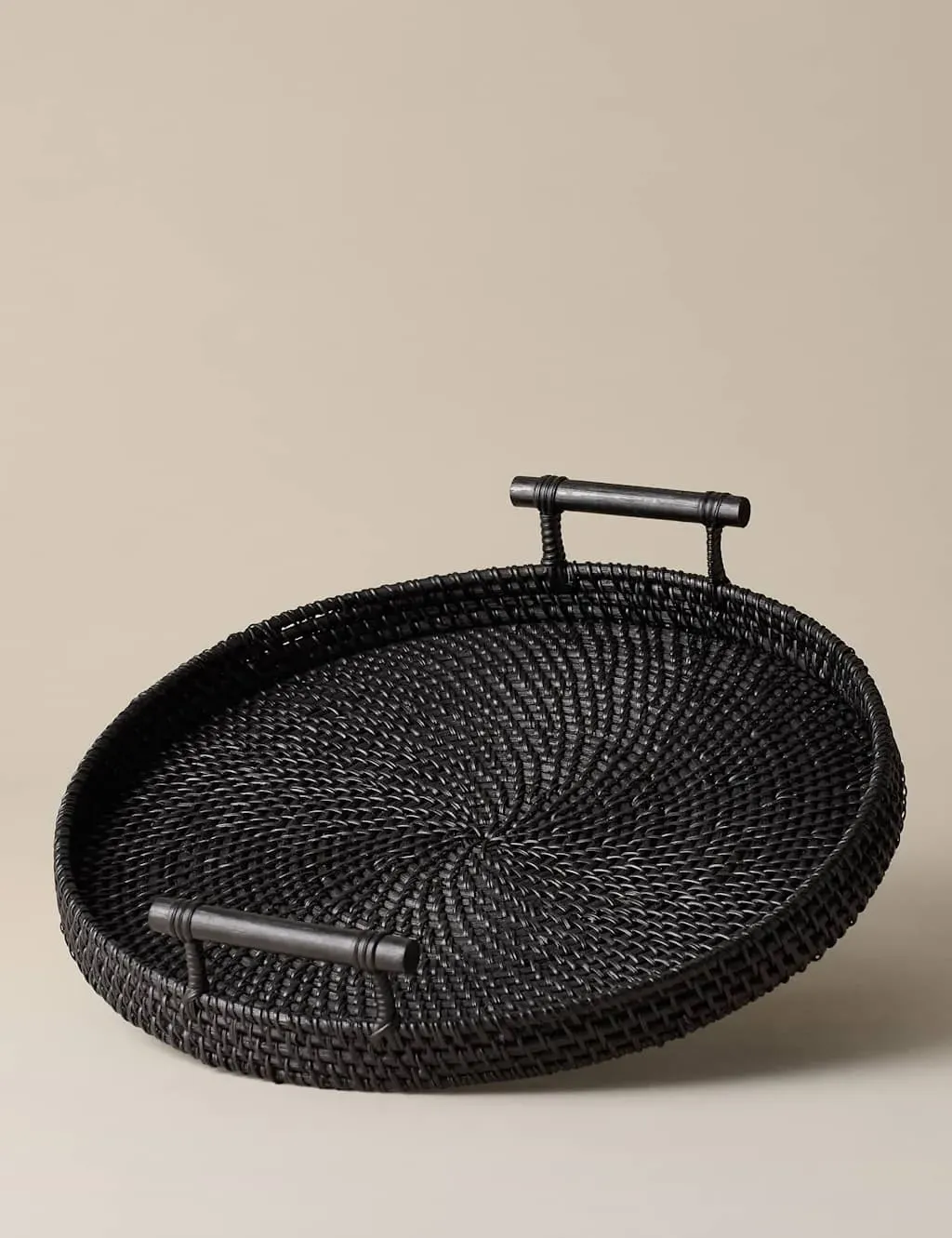 Round Serving Tray with Handles - Black, Rattan image