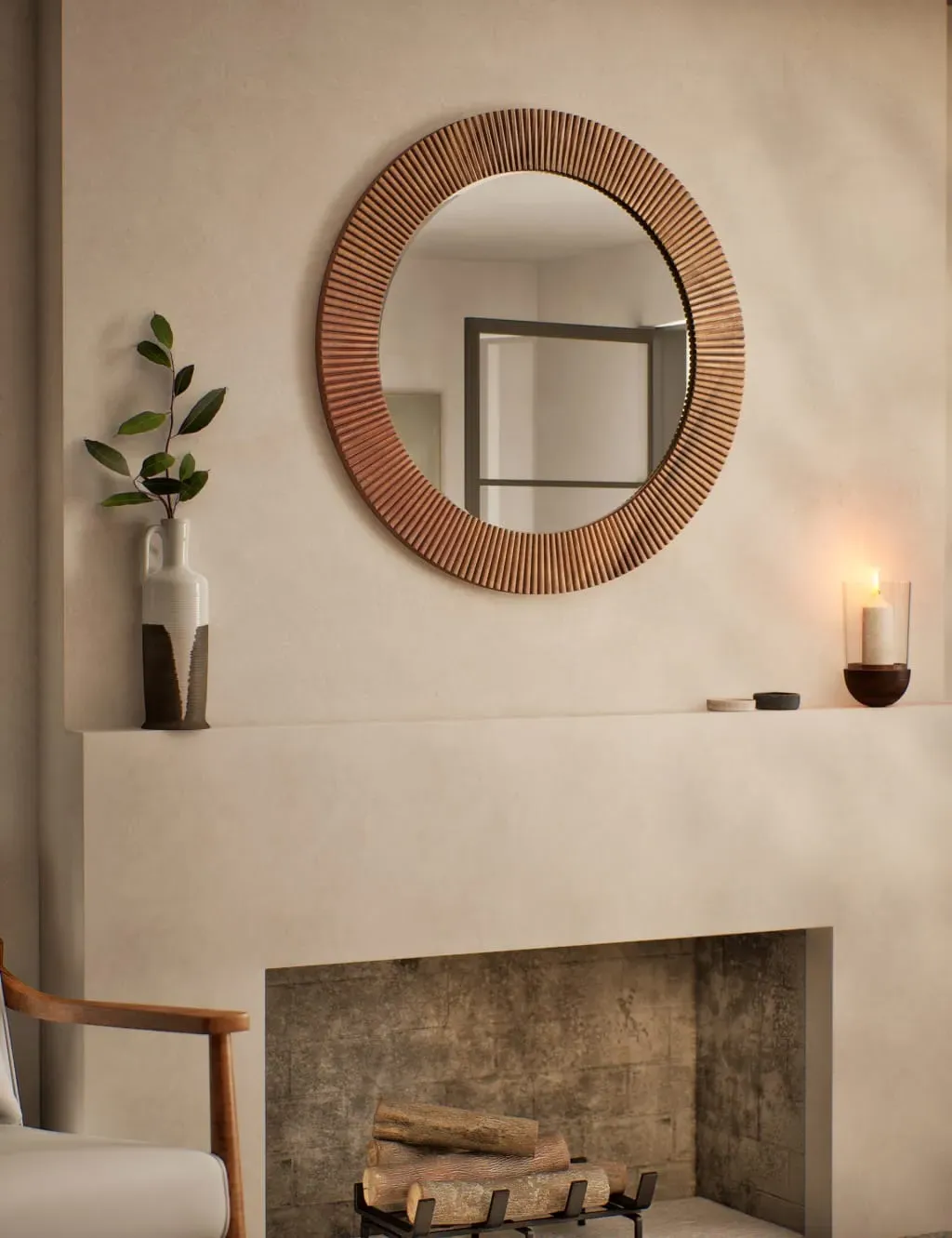 Round Wall Mirror with Fluted Frame - Oak, Wood
