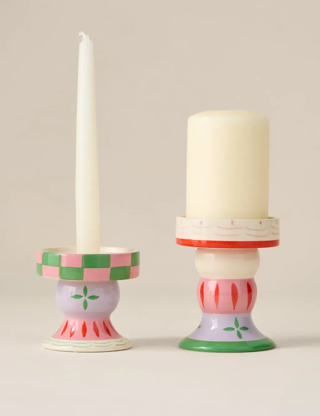 Set of 2 Patterned Candle Holders - Multi, Ceramic