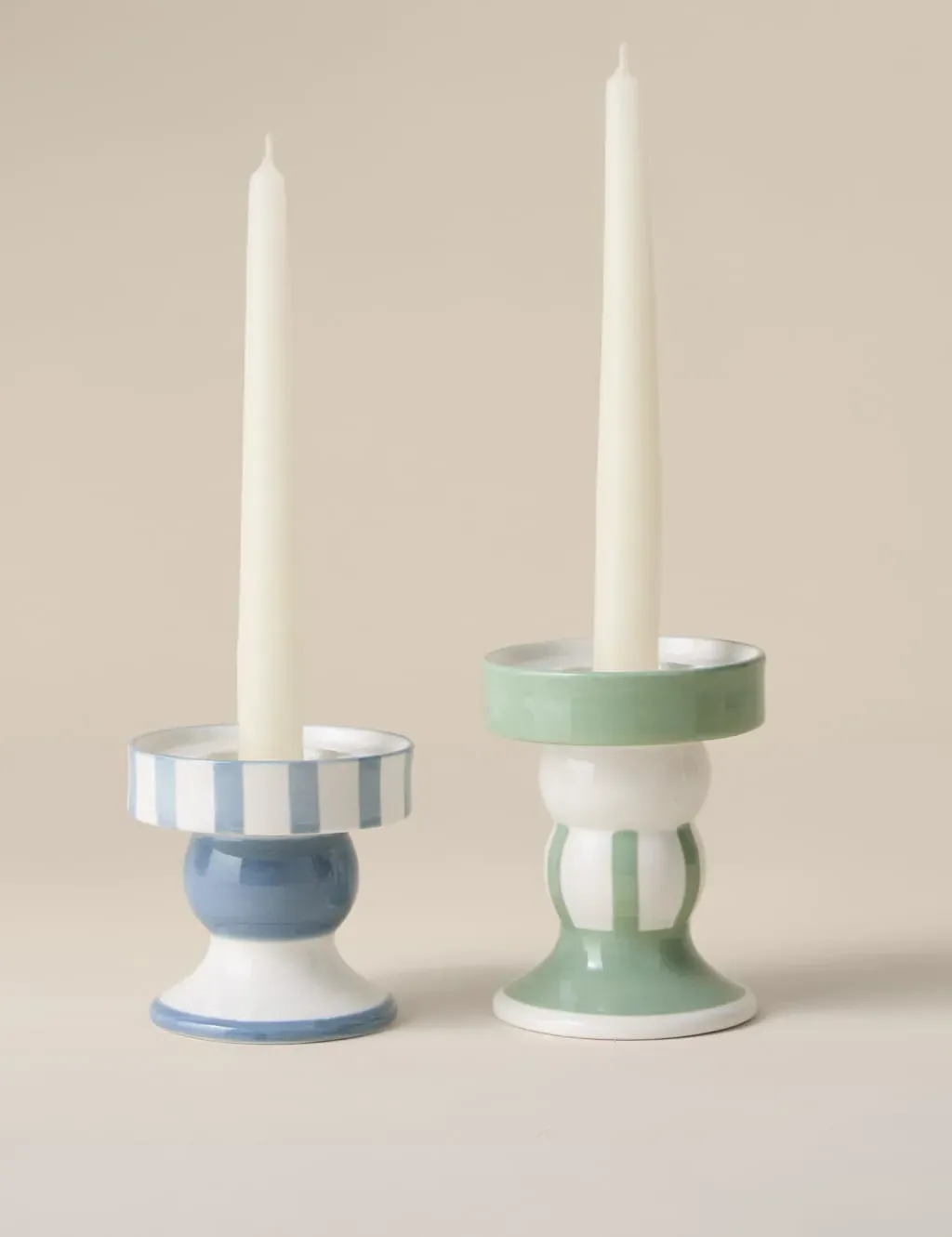 Set of 2 Striped Candle Holders - Blue, Ceramic