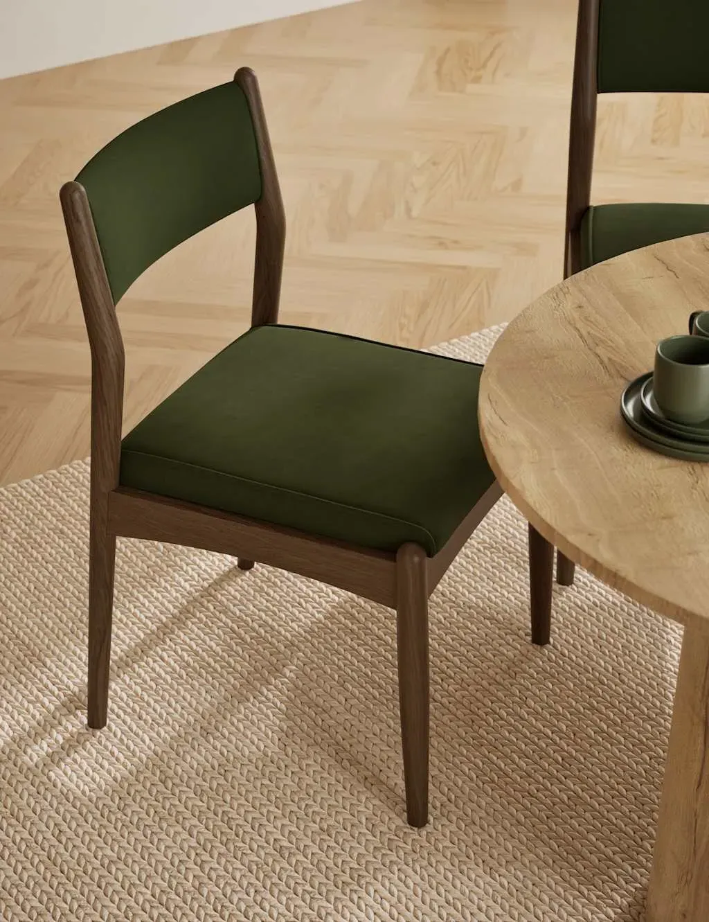 Set of 2 Velvet Dining Chairs - Dark Green, Oak