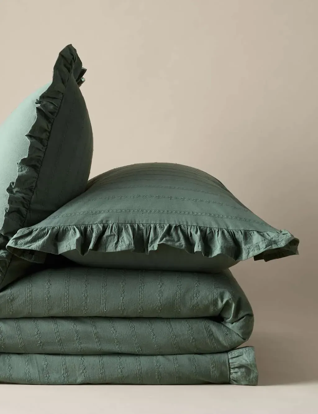 Single Bedding Set French Ruffle - Green, Cotton