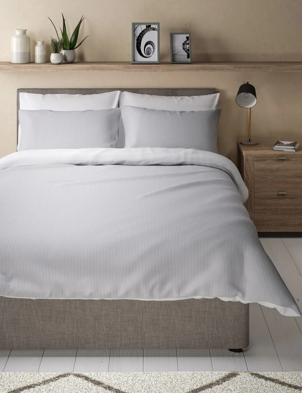 Single Bedding Set Striped - Light Grey, Cotton