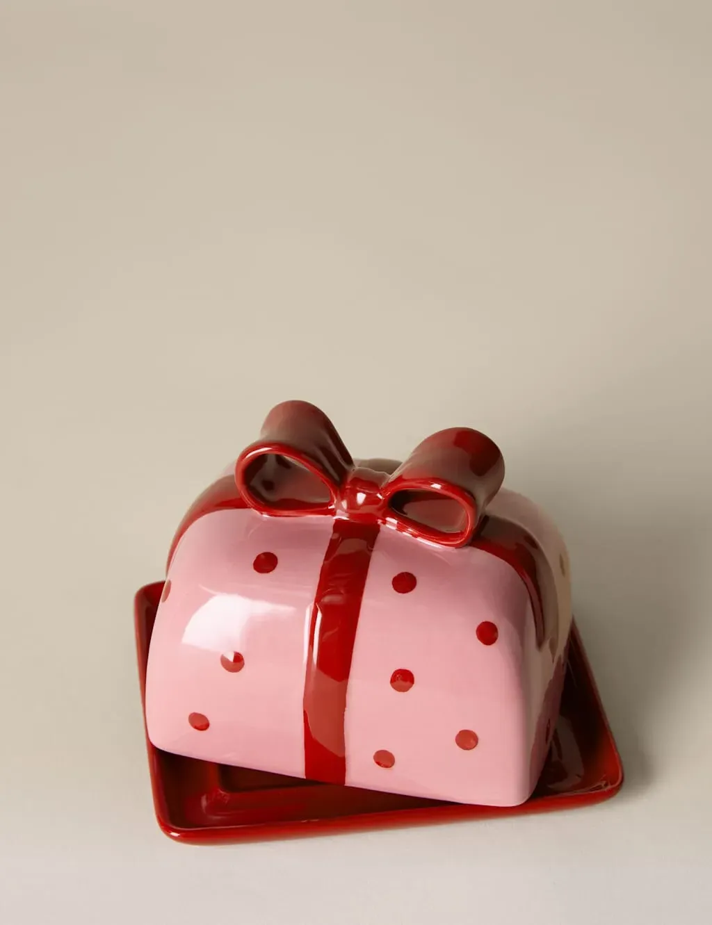 Spotty Bow Butter Dish - Pink, Stoneware image