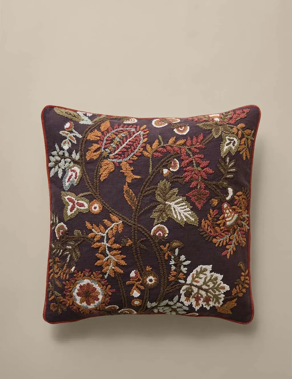 Square Cushion with Embroidery - Chocolate, Cotton