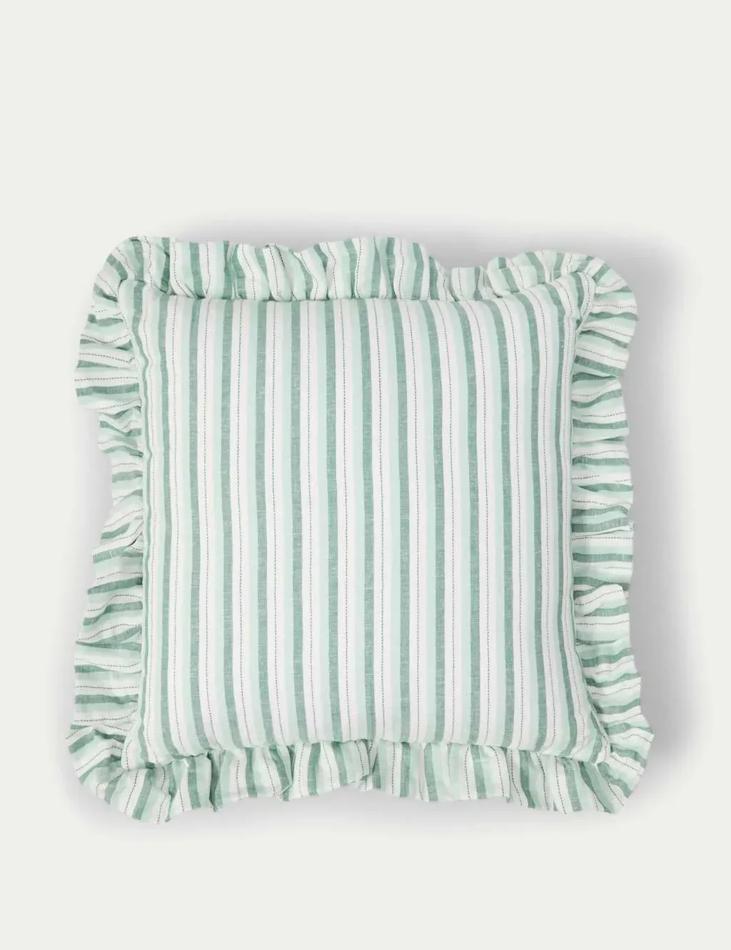 Square Striped Cushion with Frills - Linen Blend