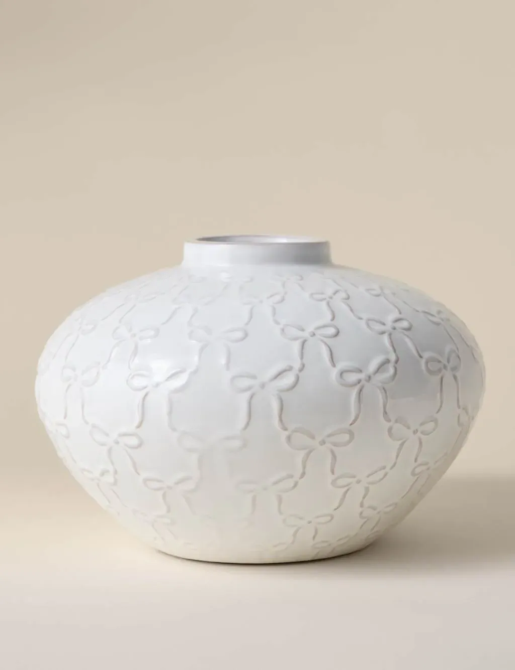 Squat Vase with Bow Detail - White, Ceramic image