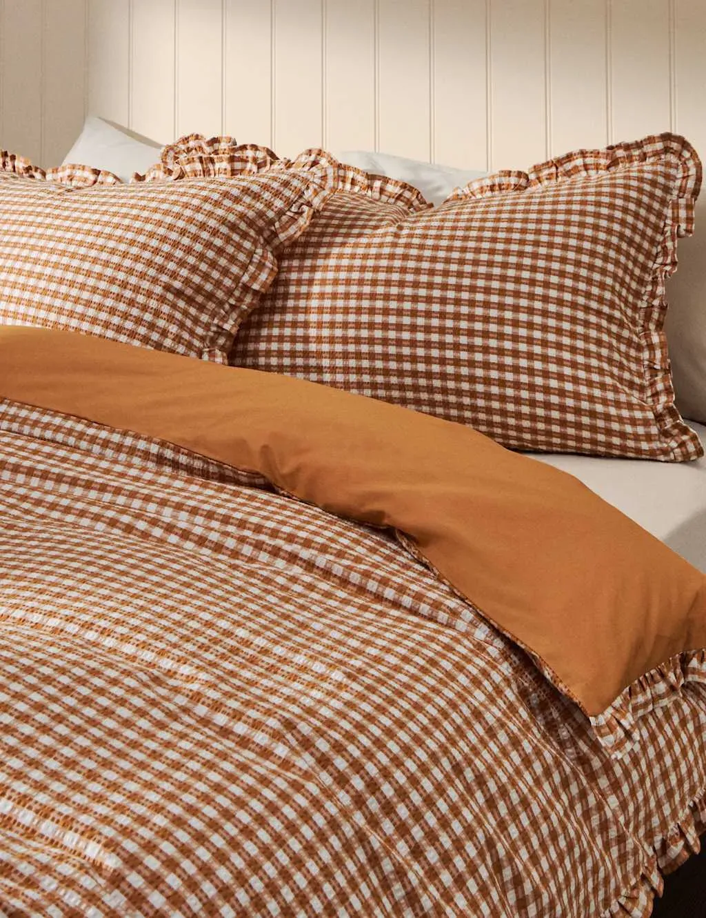 Super King Gingham Ruffle Bedding Set - Caramel, Cotton