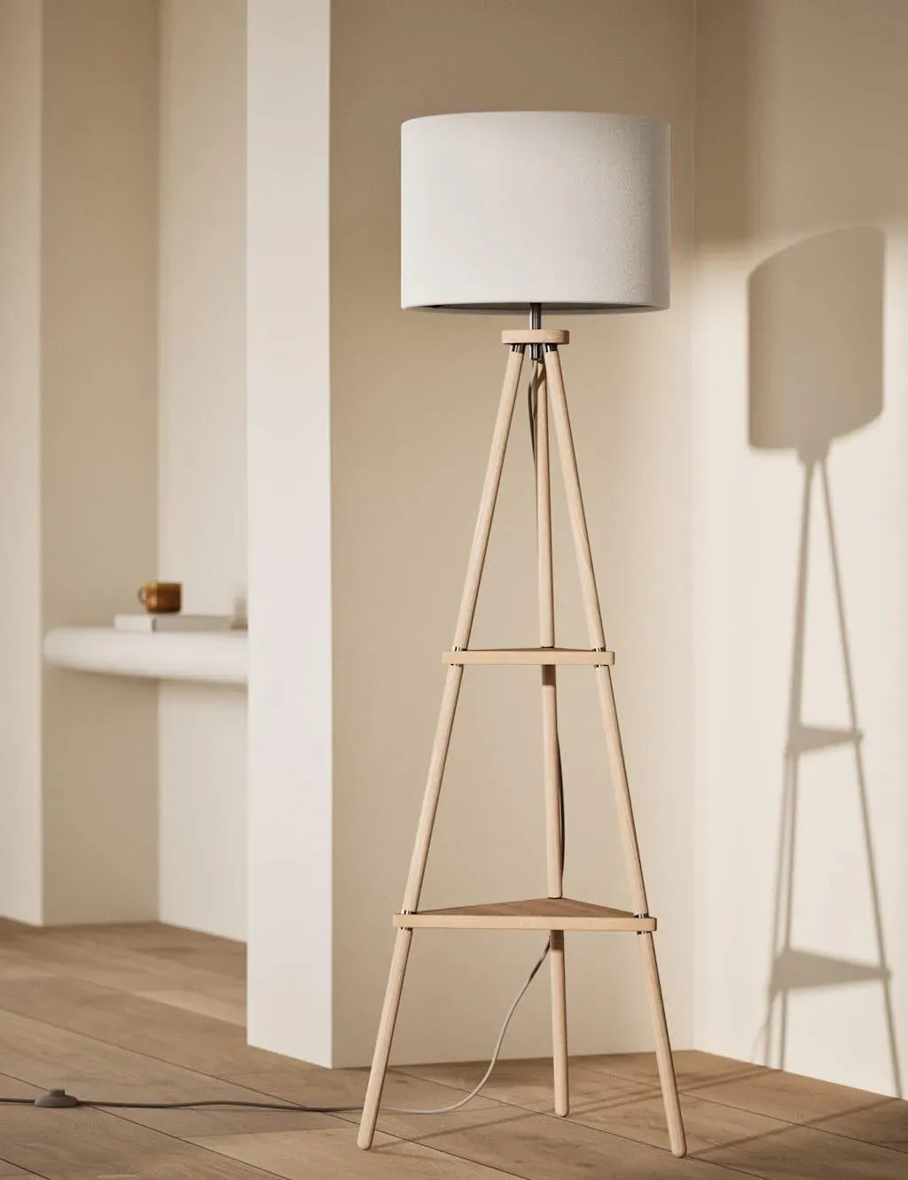 Tripod Floor Lamp with Shelves - Natural, Wood