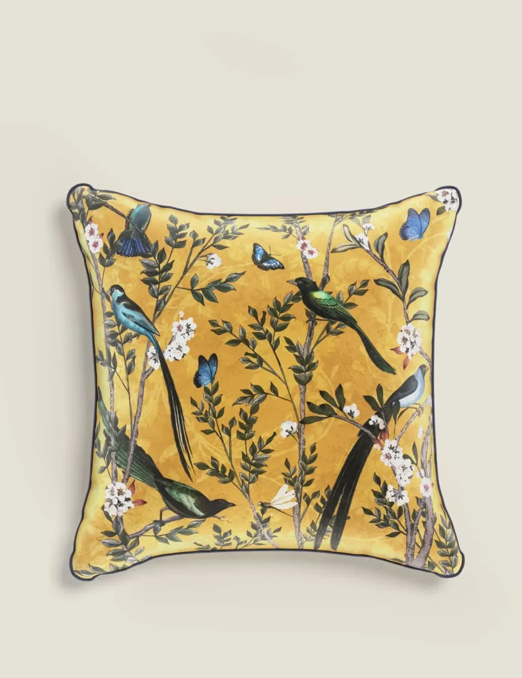 Velvet Scatter Cushion Spring Bird Print - Ochre image