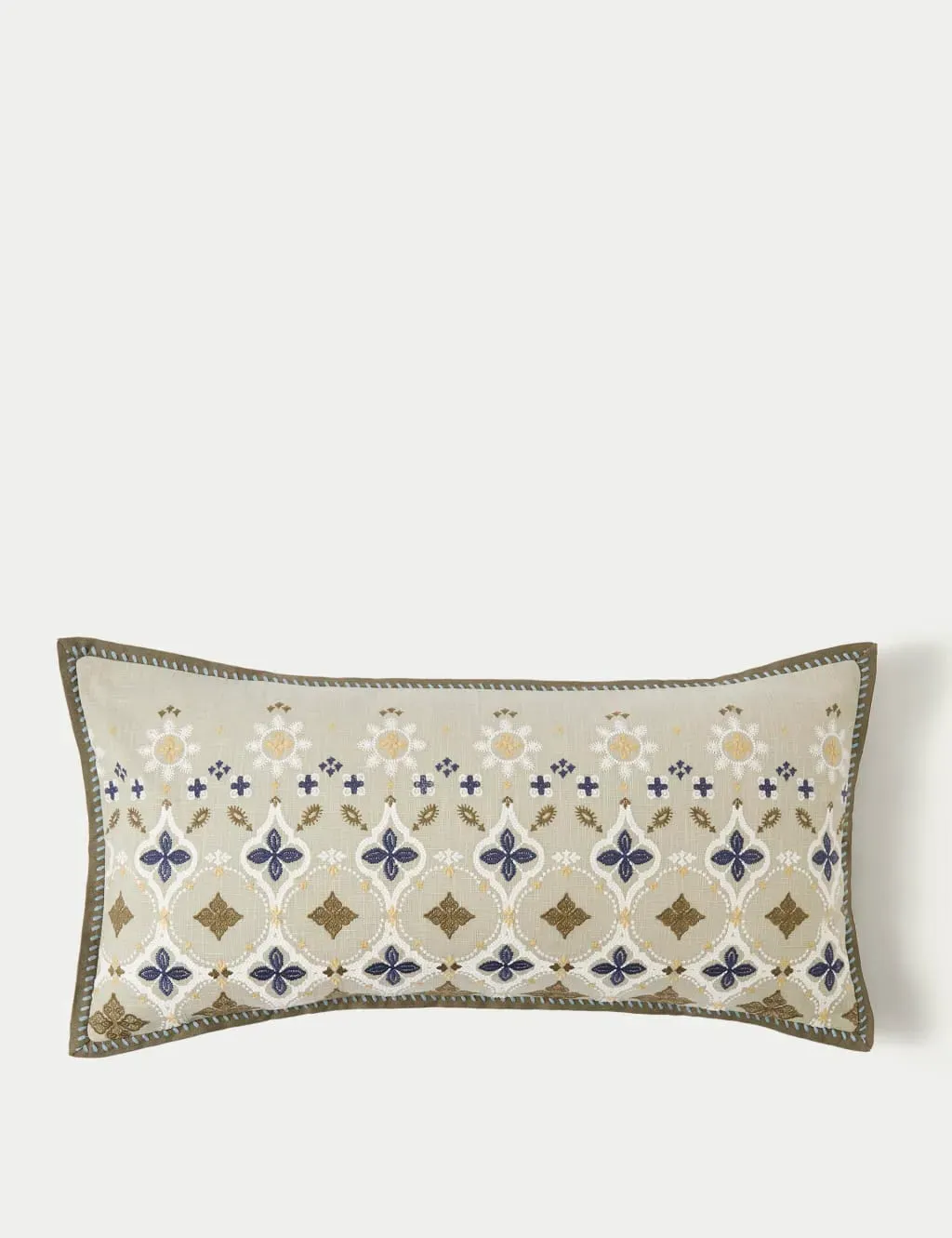 Large Bolster Cushion with Embroidery - Green, Cotton