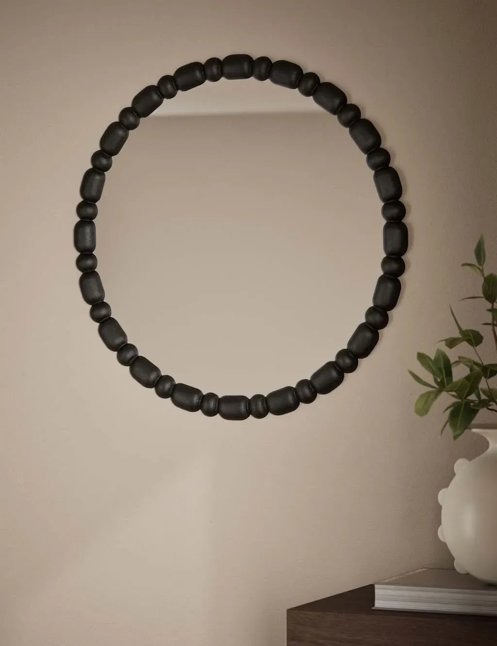 Round Bobbin Wall Mirror - Black, Wood