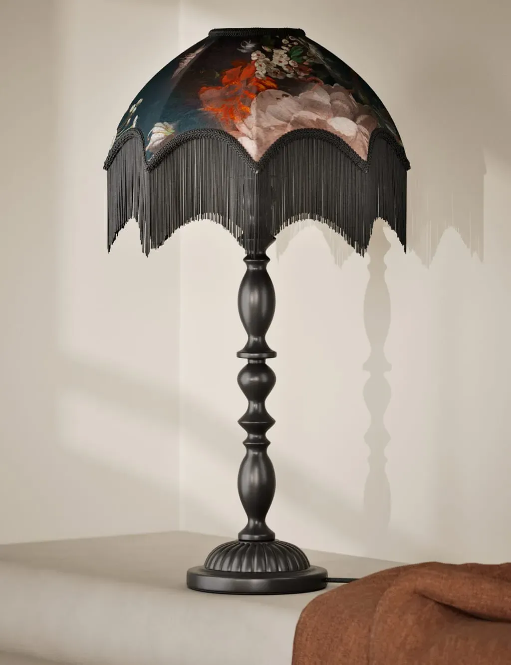 Floral Table Lamp with Fringed Trim - Multi, Velvet