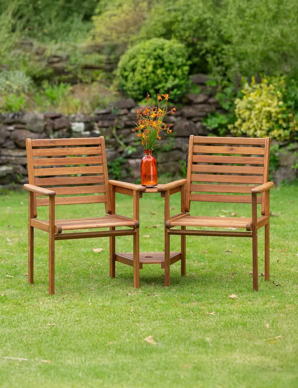 2-Seater Garden Bench with Table - Natural, Acacia image