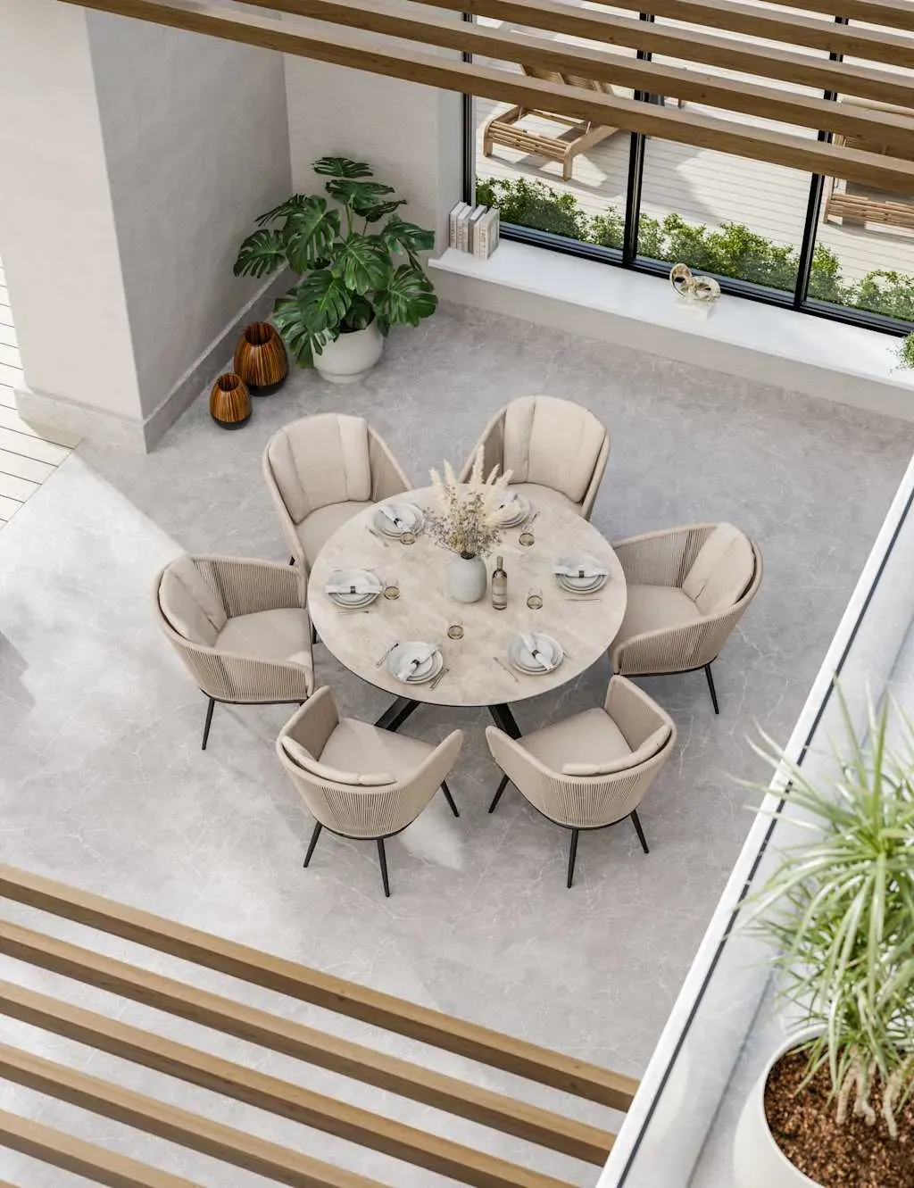 6-Seater Dining Set Round Table - Beige, Ceramic