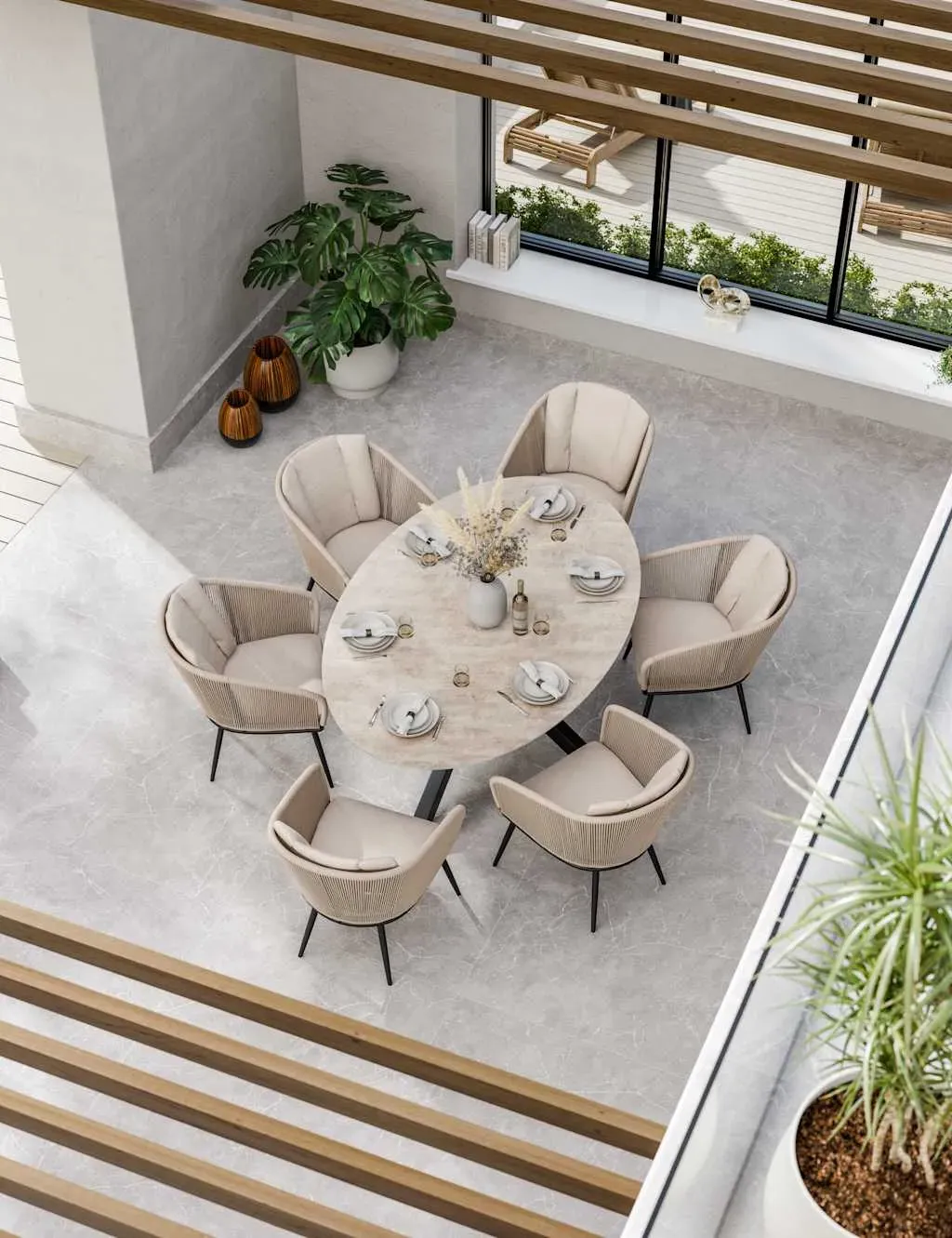 6-Seater Dining Set Round Table - Beige, Ceramic