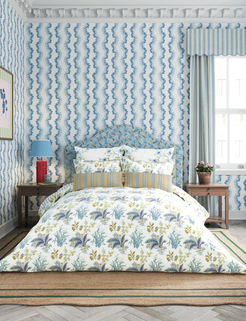 Single Bedding Set Floral Print - Indigo, Cotton image