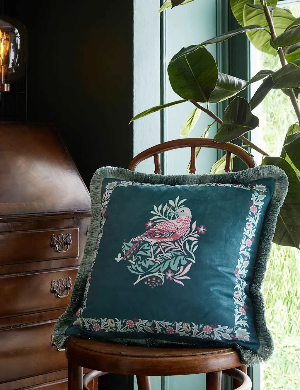 Square Cushion with Fringe - Cherry Red, Velvet image