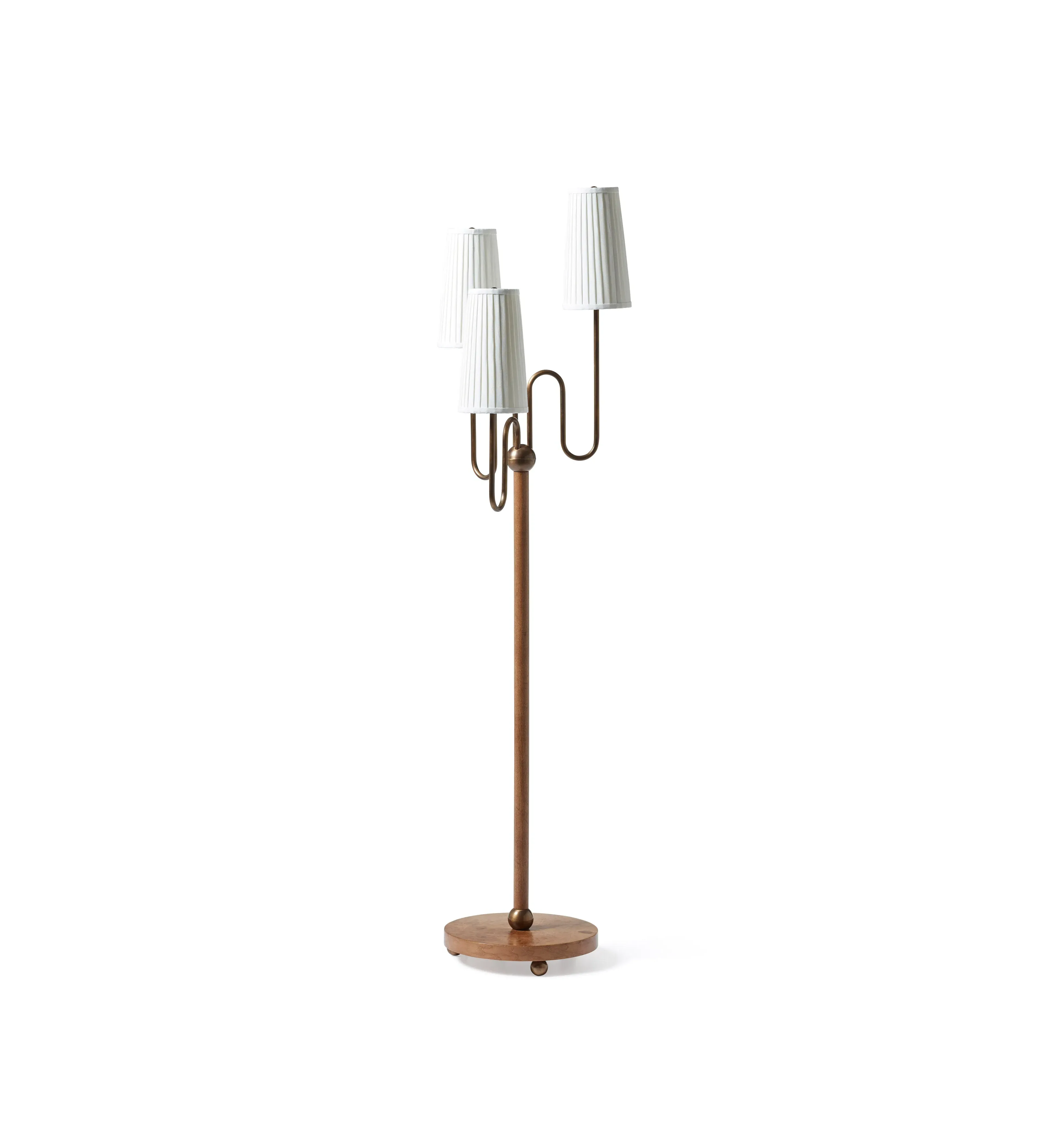 3-Light Floor Lamp with Pleated Shades - Burl Wood image