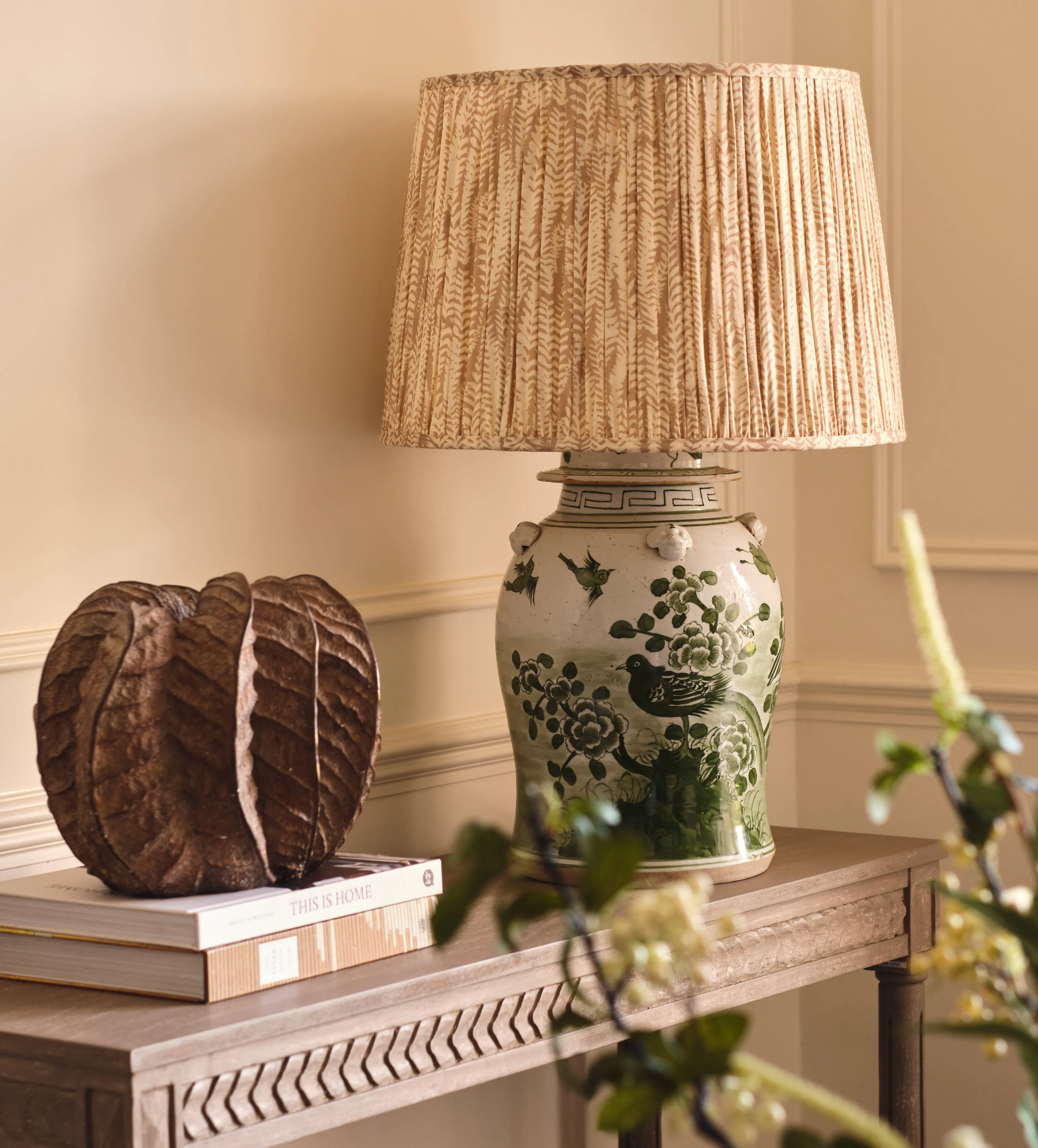 35cm Pleated Lampshade with Fern Print - Natural
