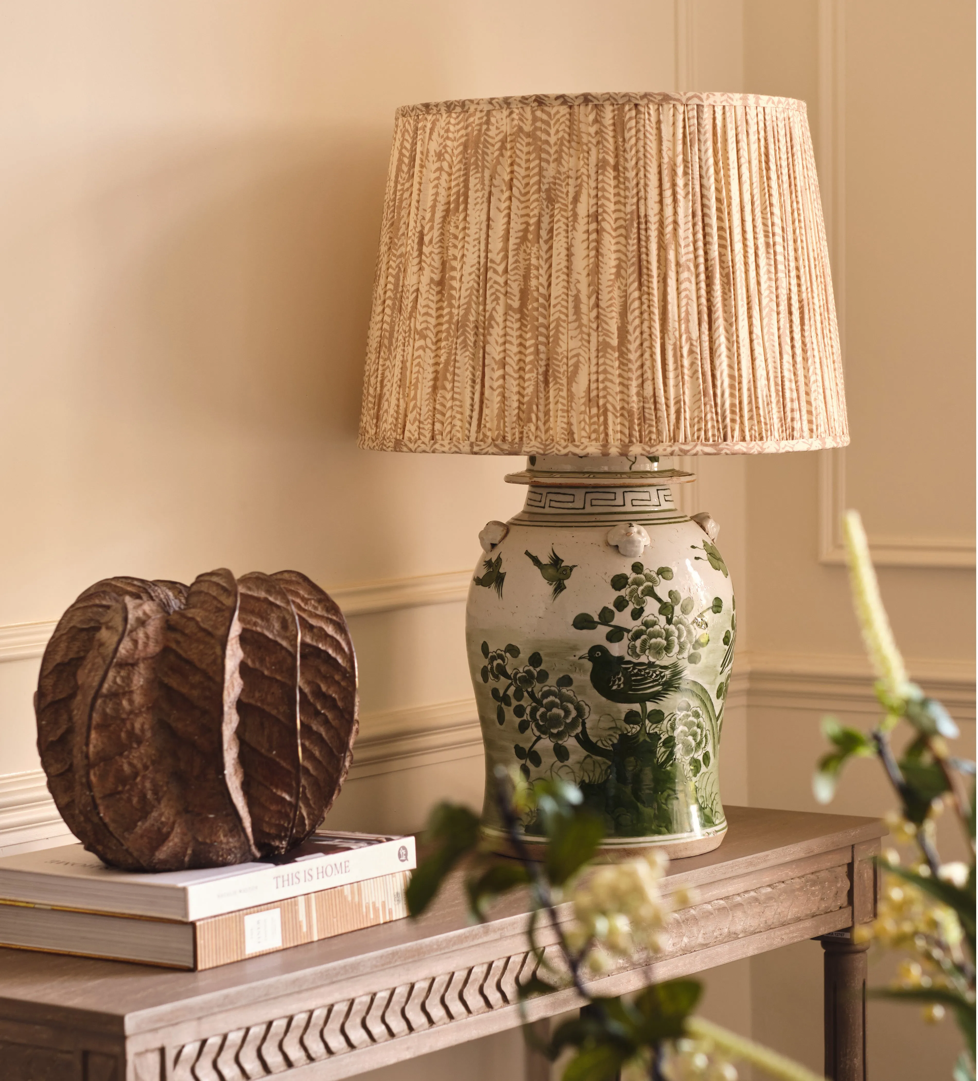 45cm Pleated Lampshade with Fern Print - Natural