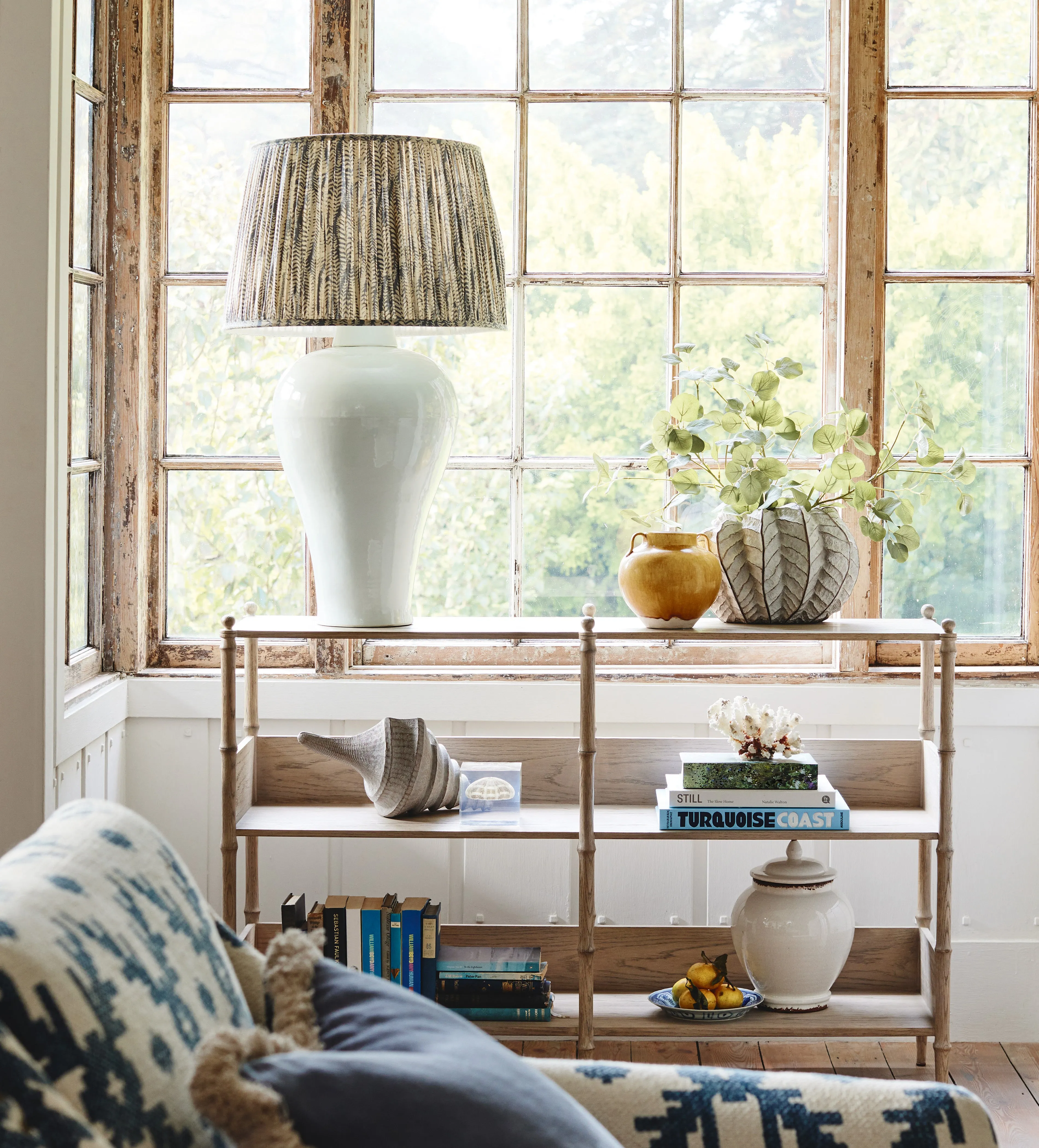 50cm Pleated Lampshade with Fern Print - Heron Blue