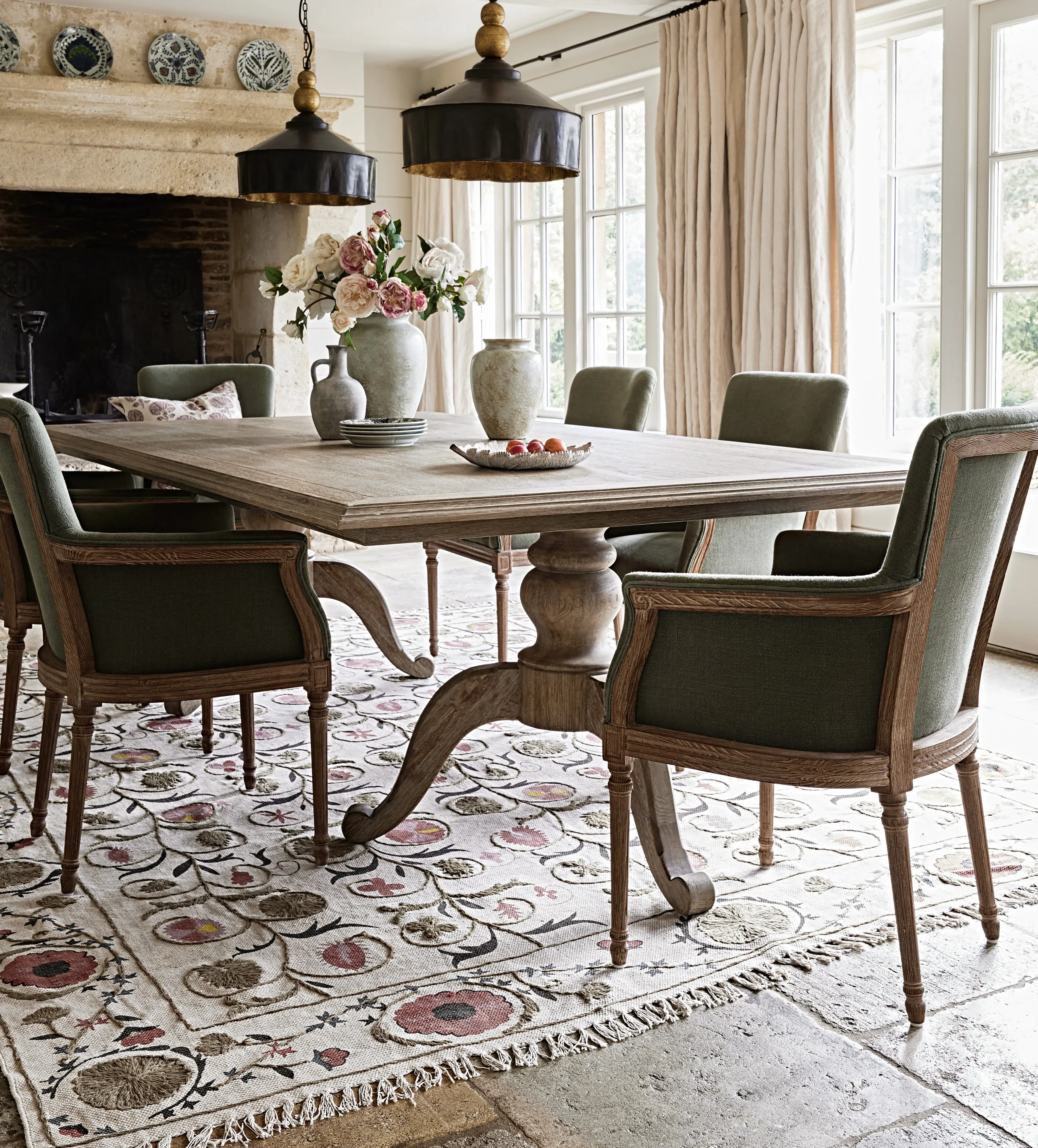 Abstract Floral Rug - Olive, Hand-Embroidered