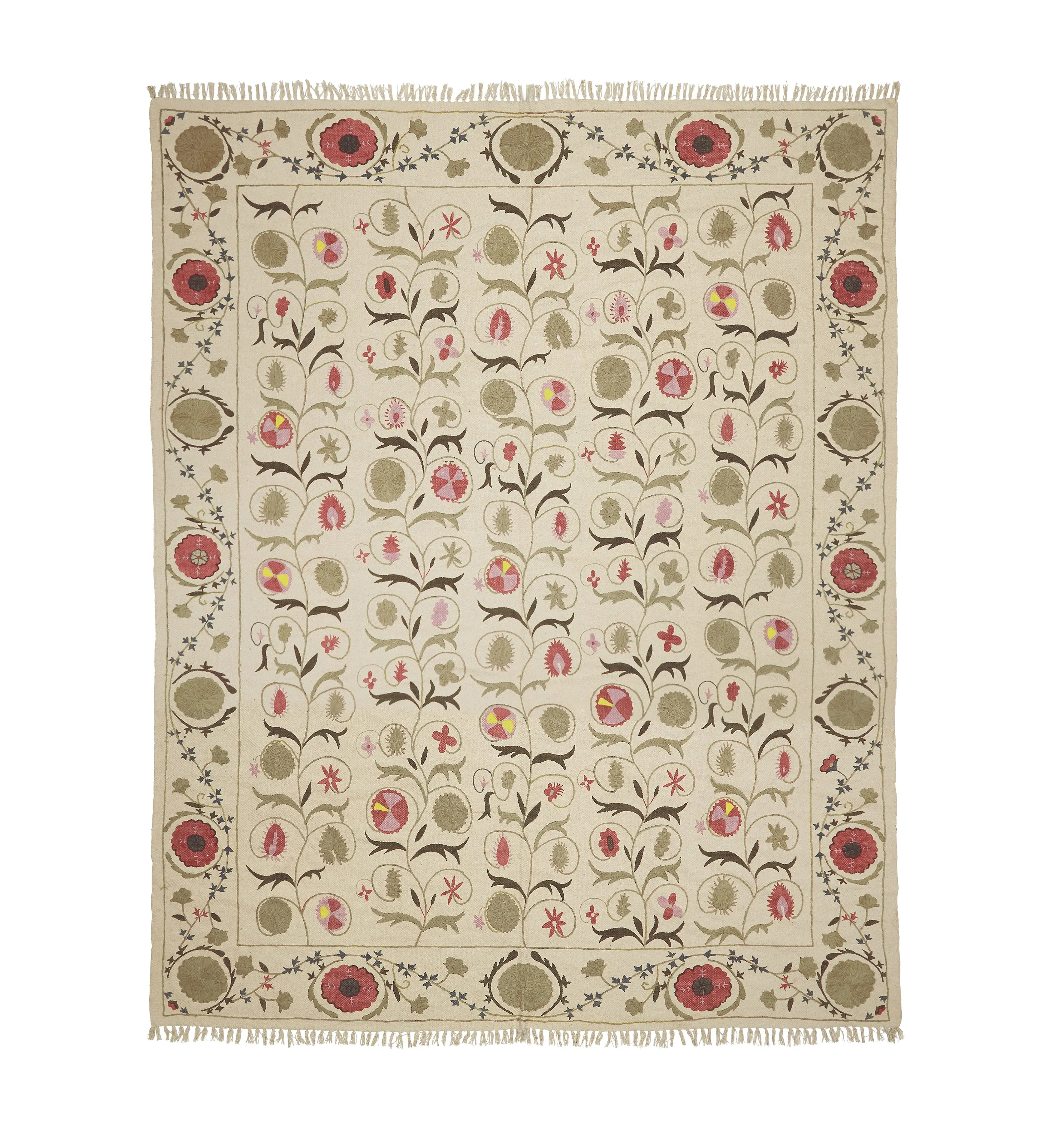 Abstract Floral Rug - Olive, Hand-Embroidered