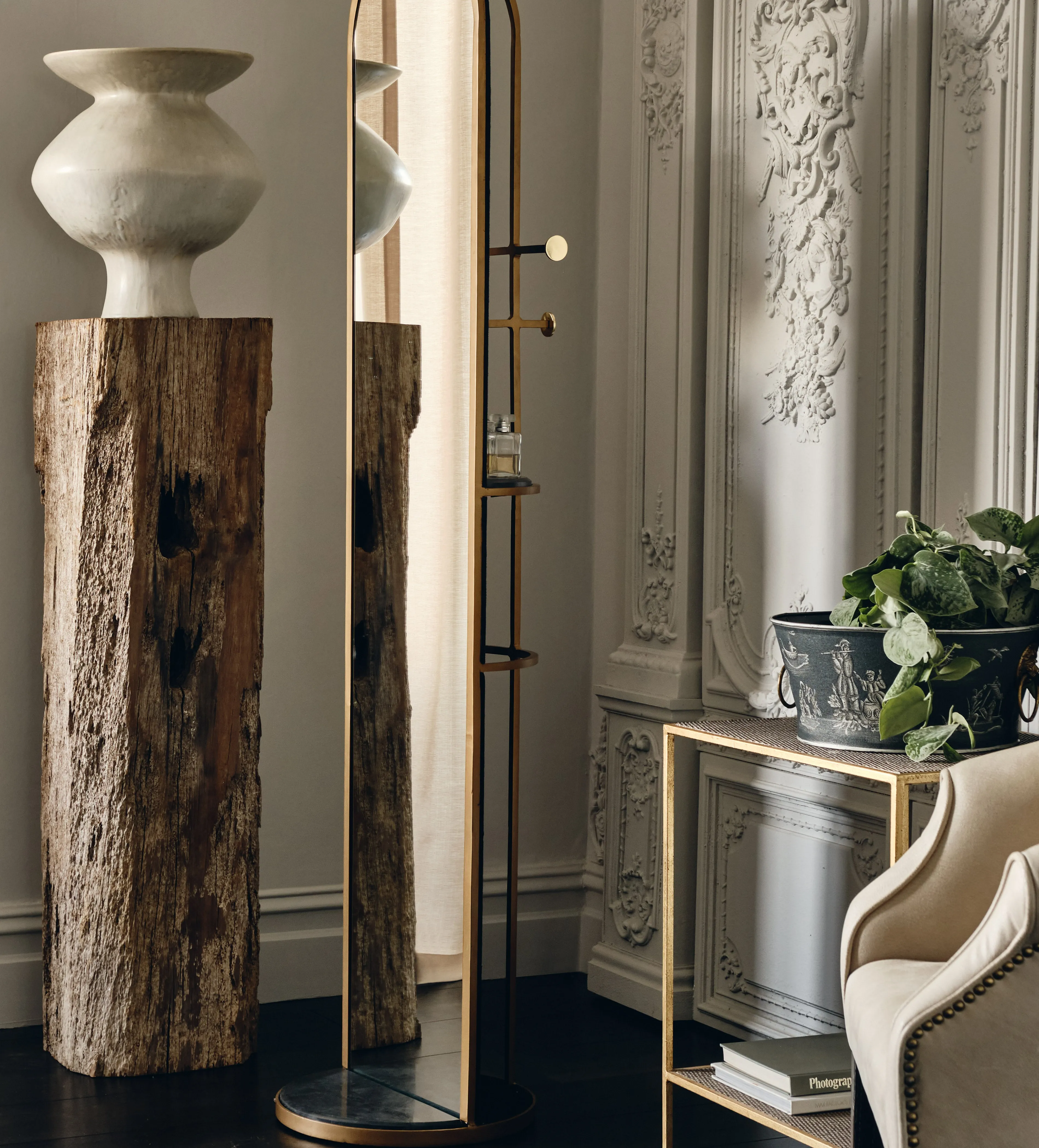 Arched Standing Mirror with Storage - Marble, Brass