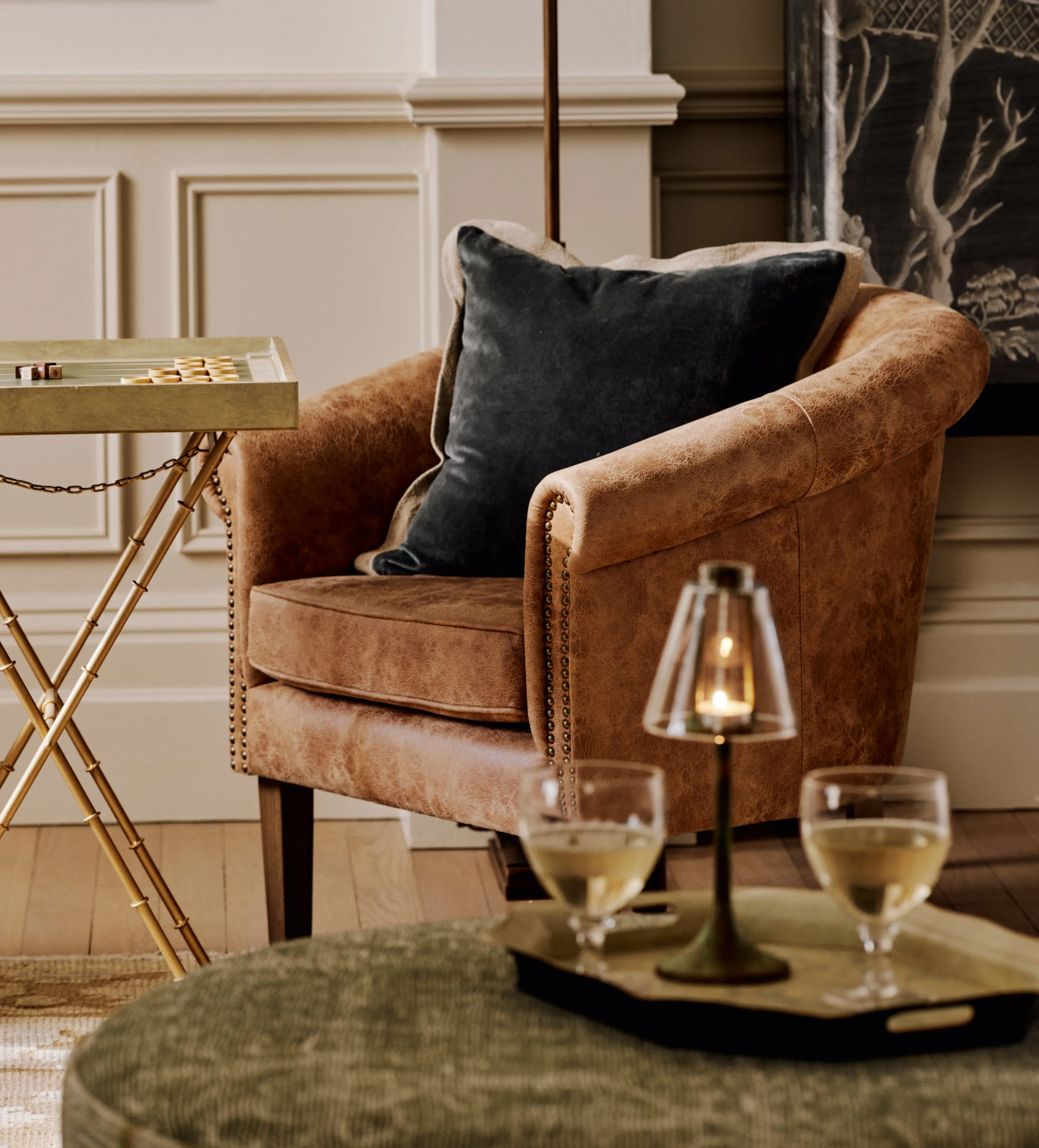 Armchair with Brass Studding - Aged Tobacco