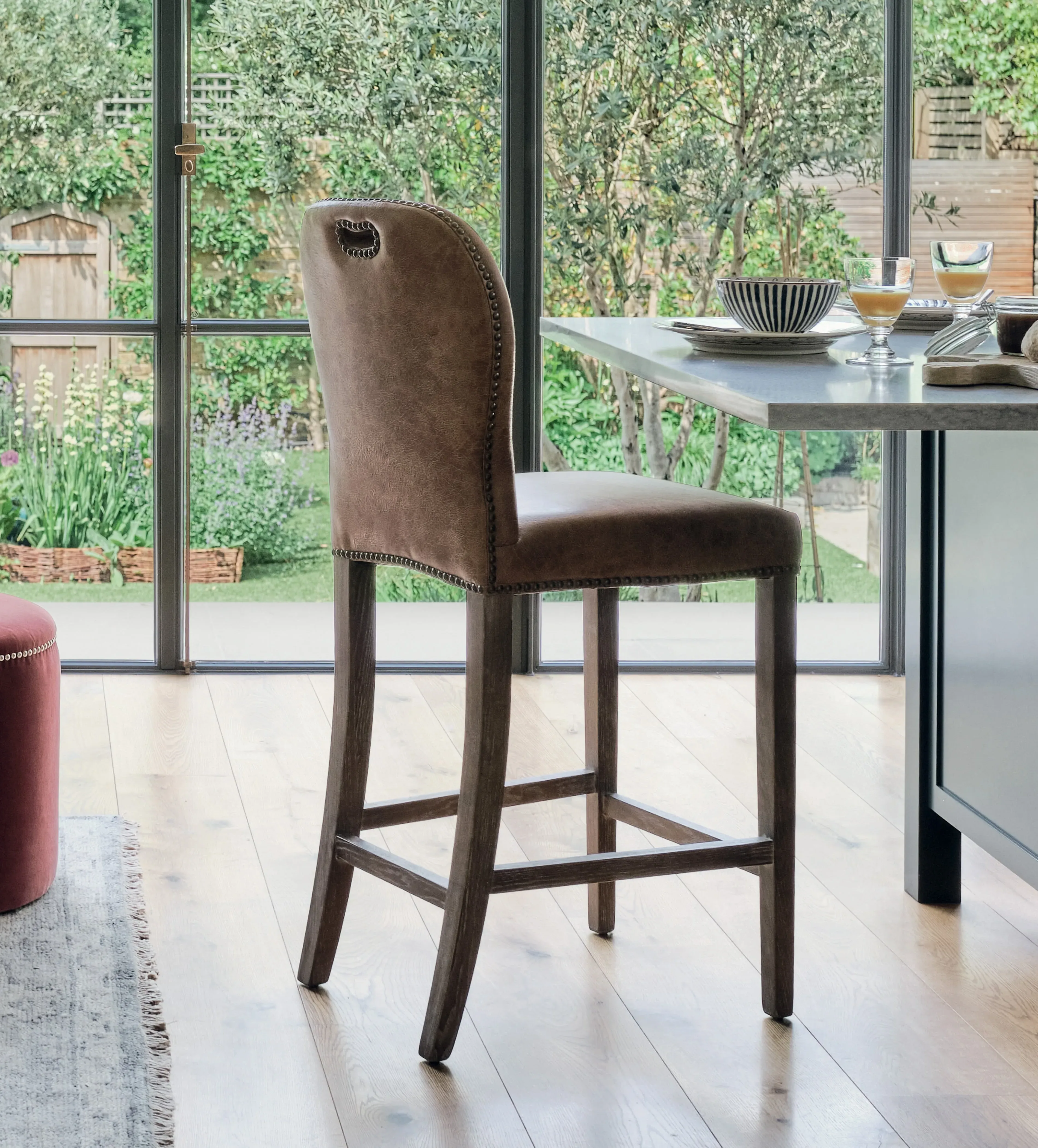 Bar Stool with Footrest - Aged Tobacco, Leather