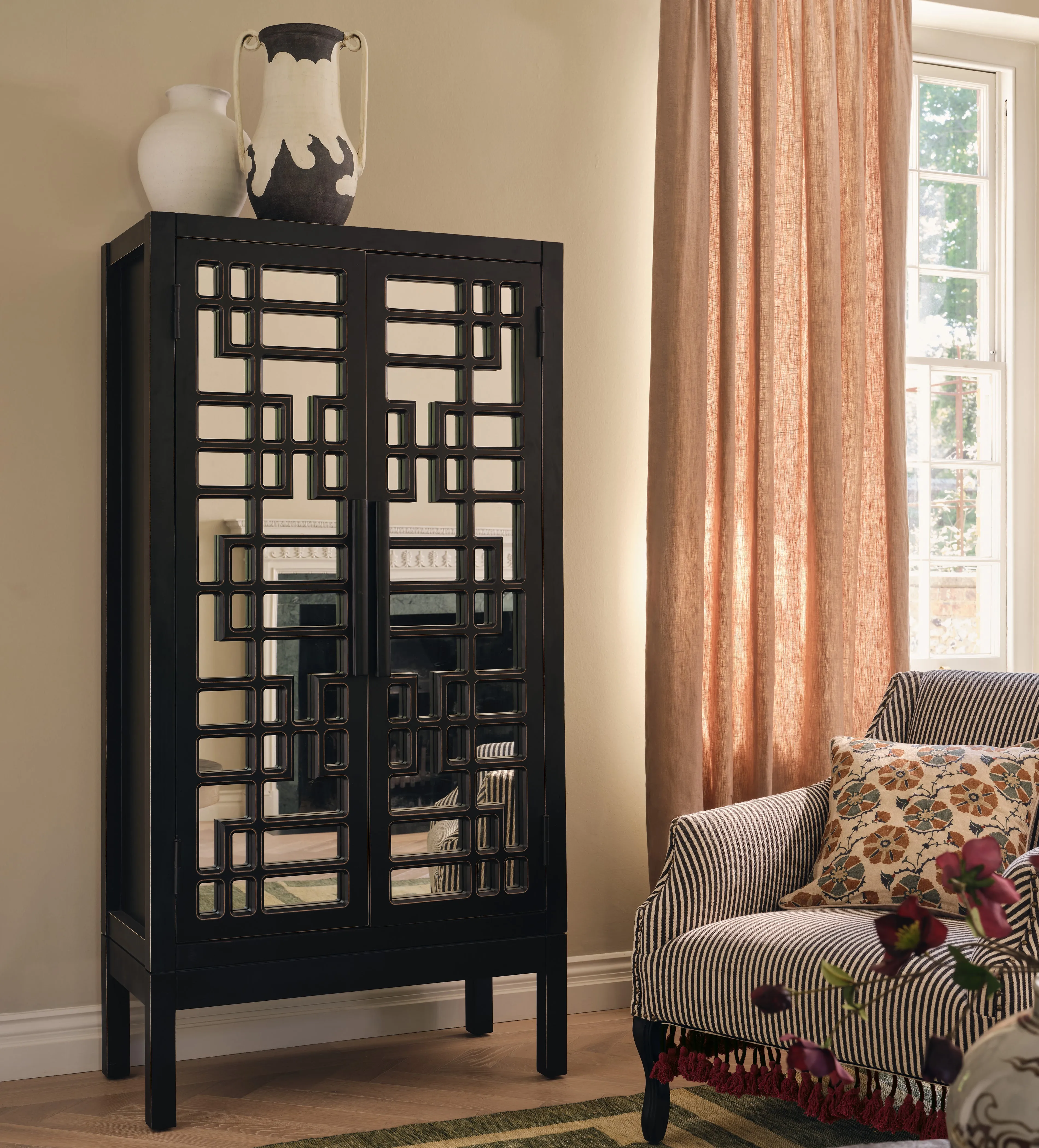 Cabinet with Mirrored Panels - Black, Wood