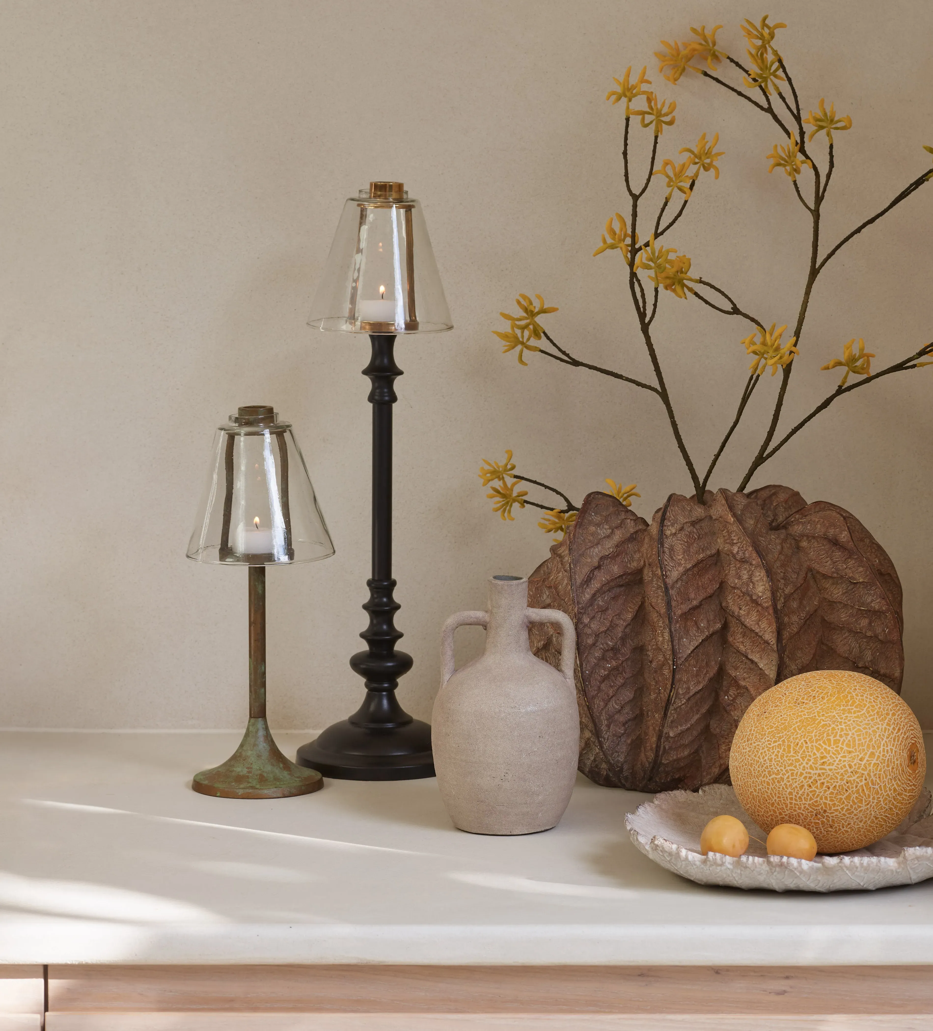 Candle Holder with Glass Shade - Verdigris, Metal