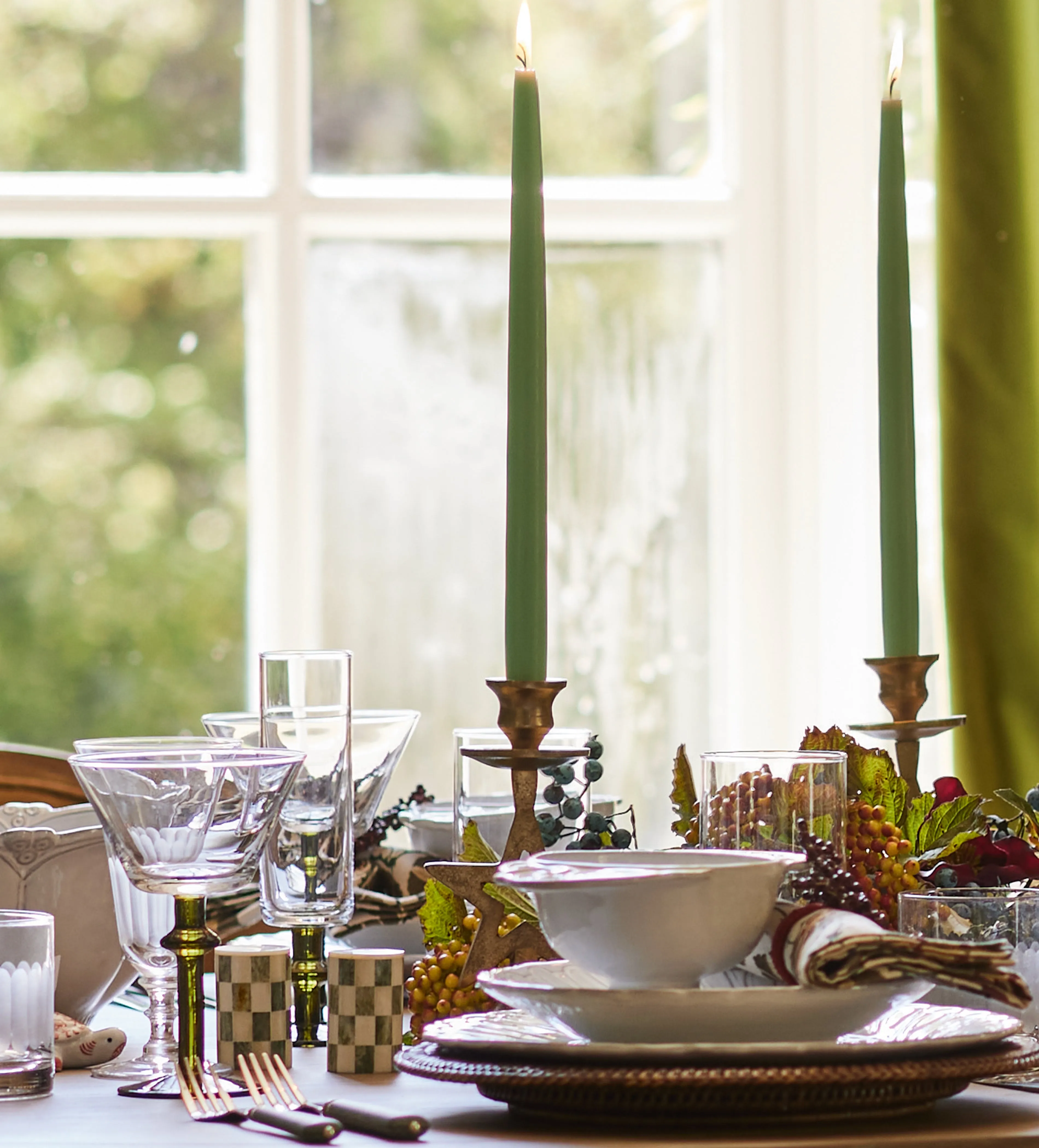 Champagne Flutes Pair - Green Stem, Glass