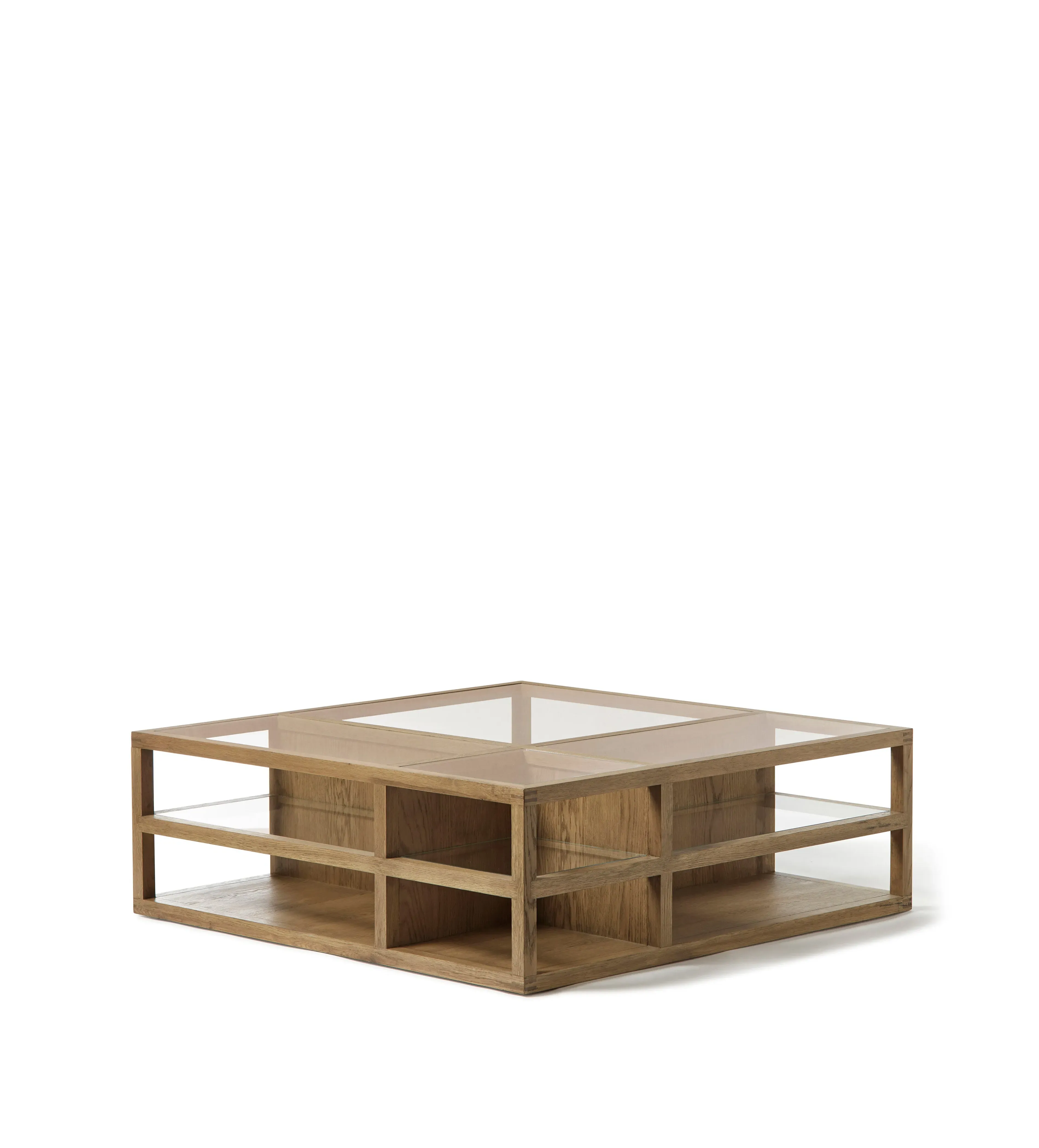 Coffee Table with Glass Shelves - Weathered Oak