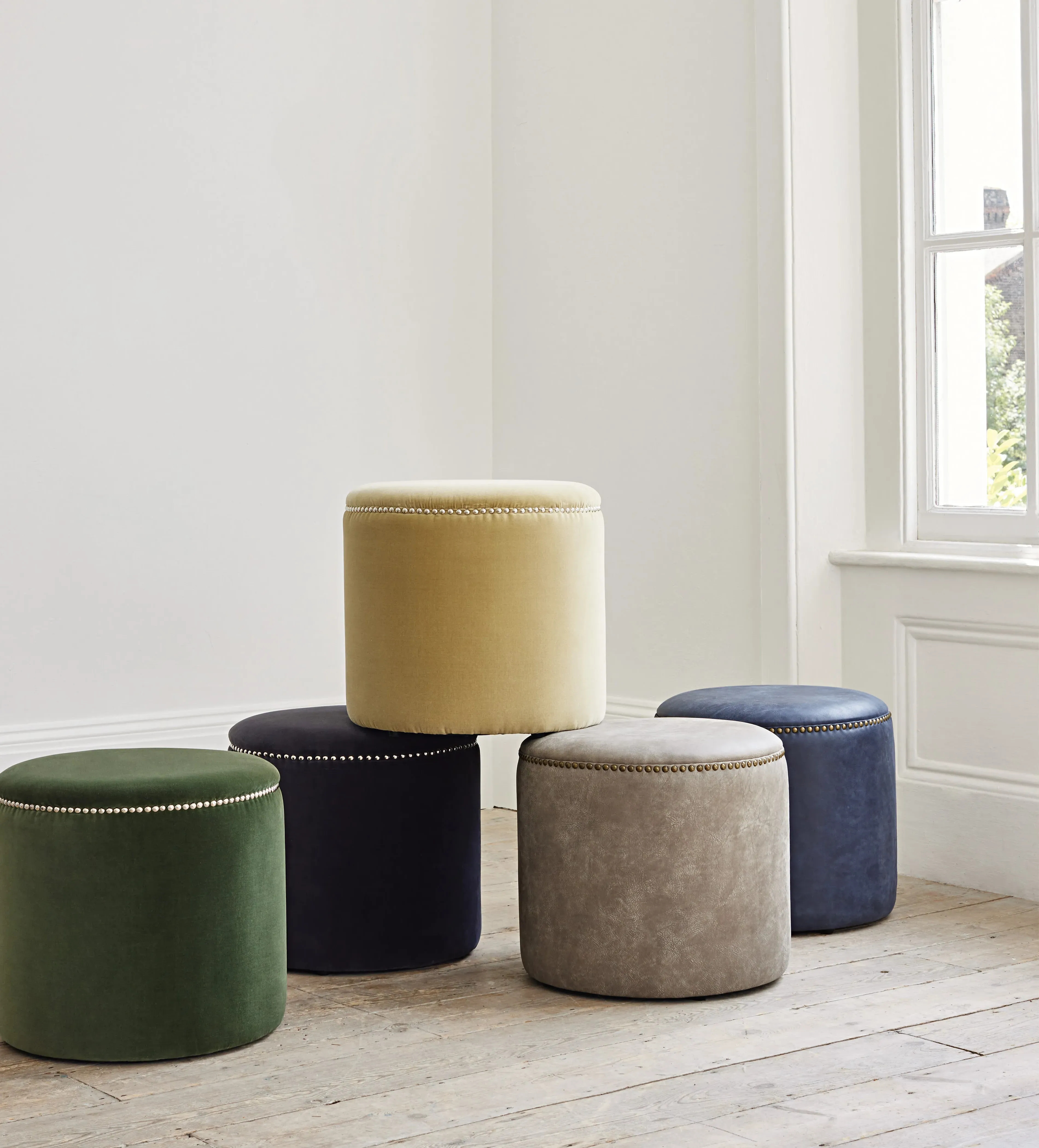 Compact Ottoman with Studs - Charcoal, Velvet