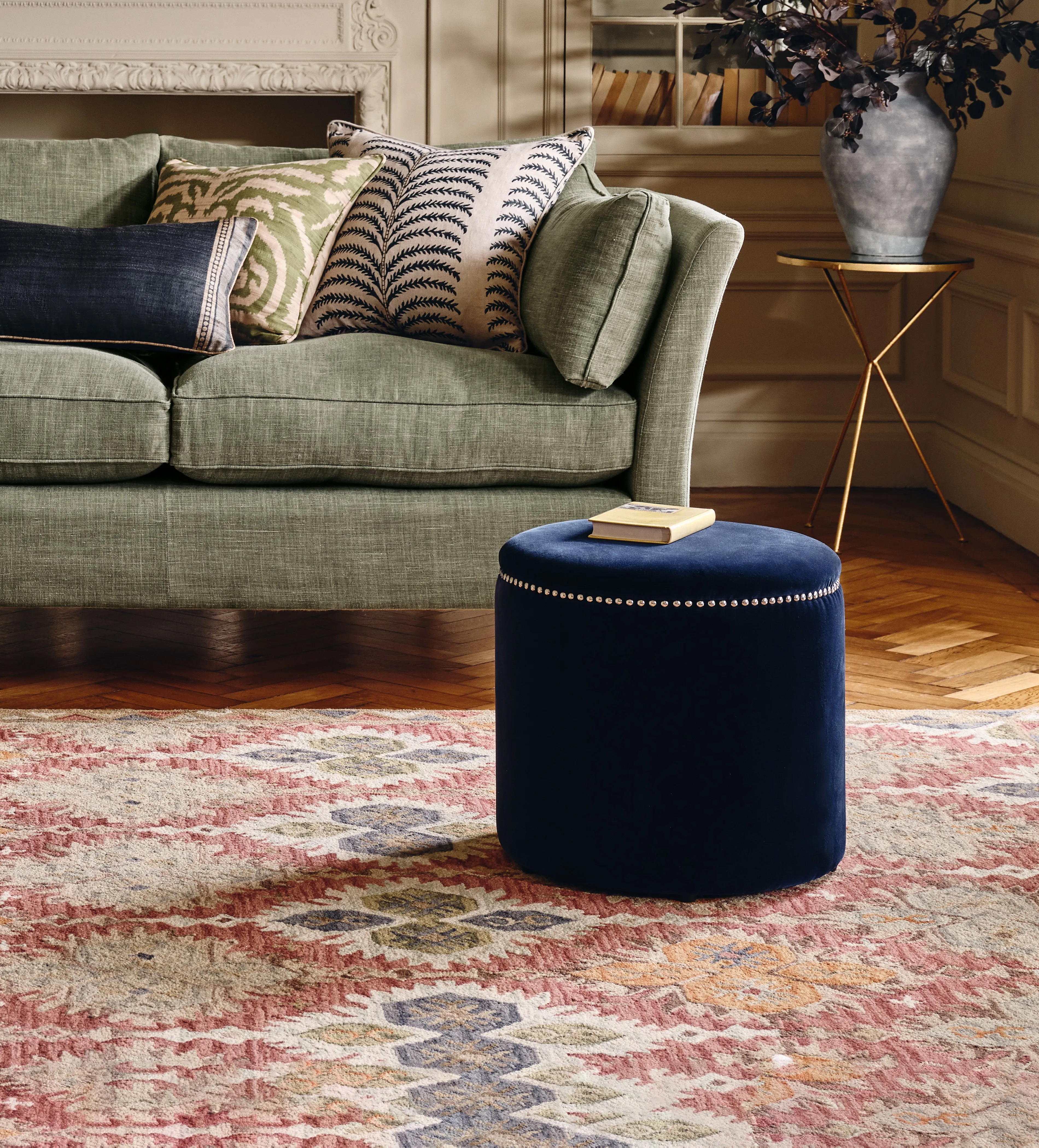 Compact Ottoman with Studs - Navy, Velvet