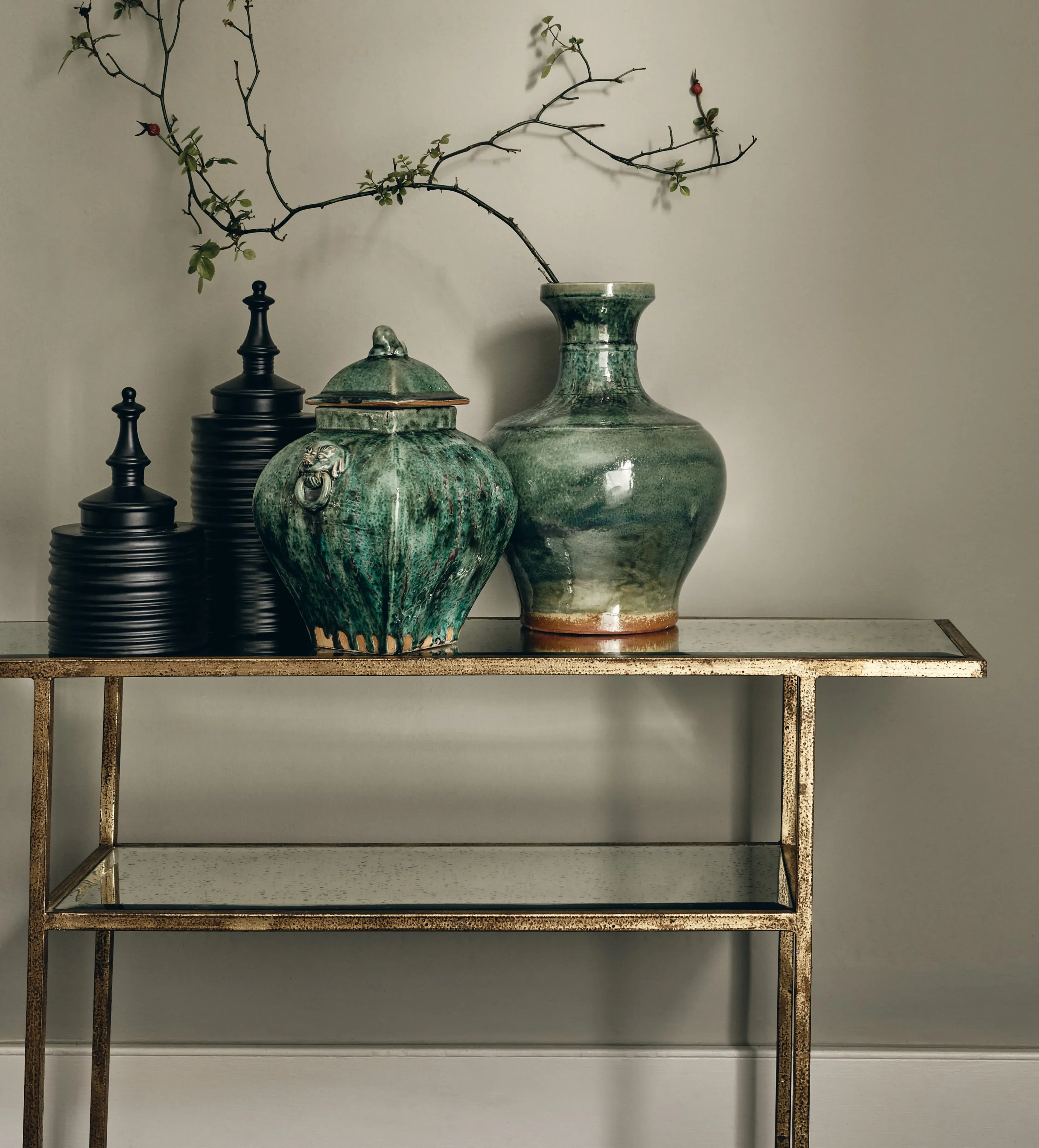 Console Table with Shelf - Antique Gold, Glass