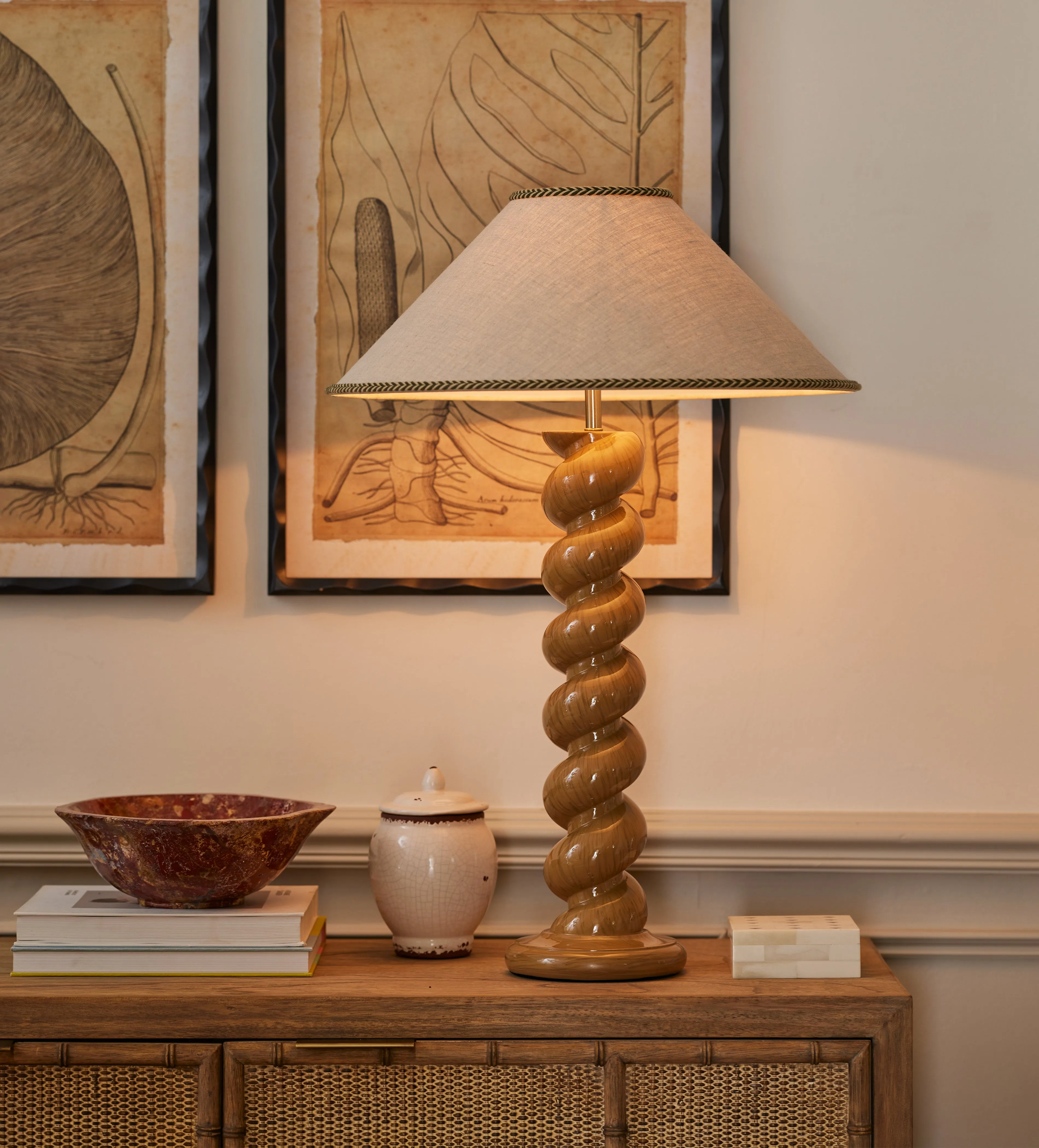Coolie Lampshade with Embroidered Trim - Green, Linen