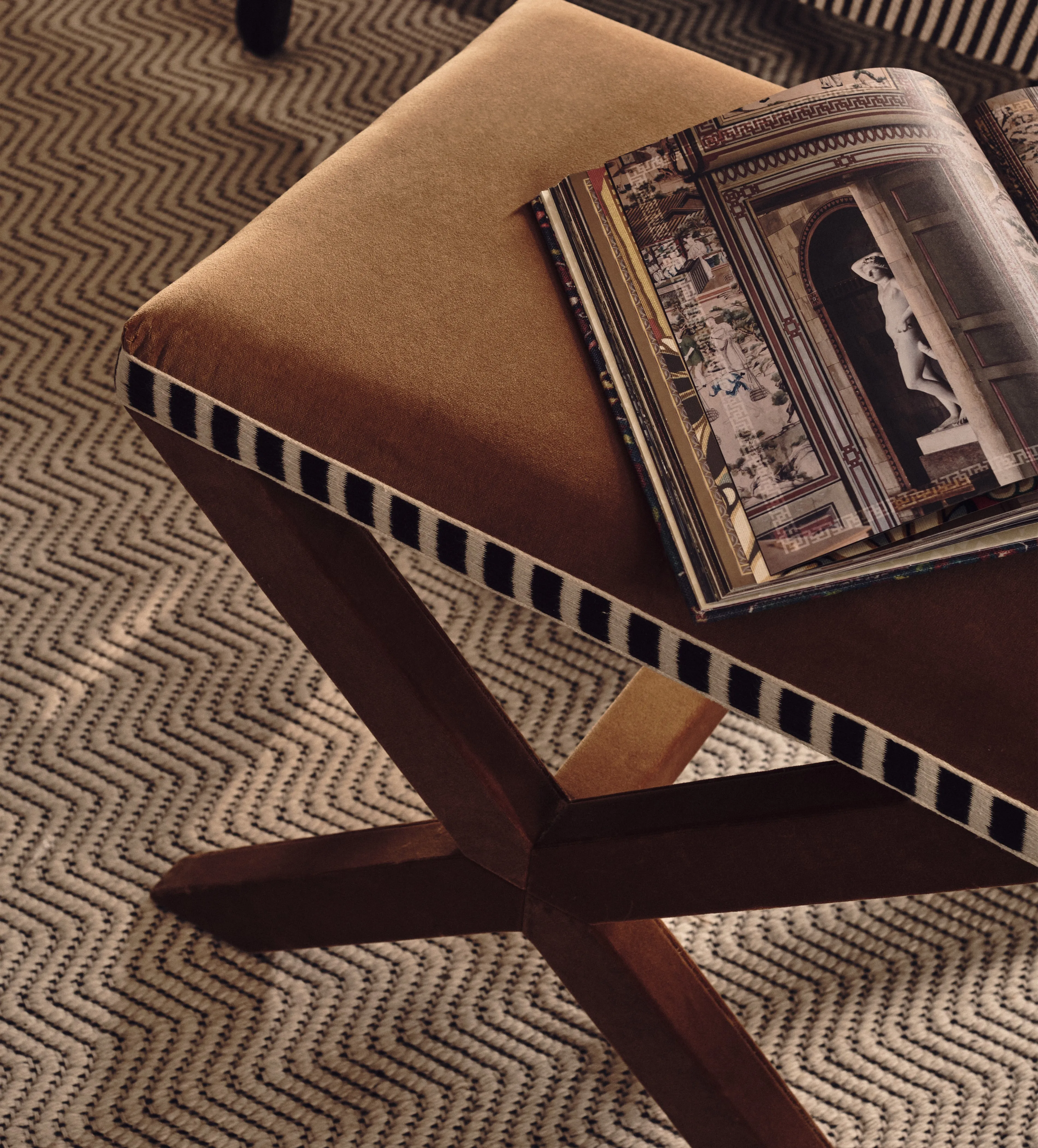 Crisscross Stool with Trim - Camel, Velvet
