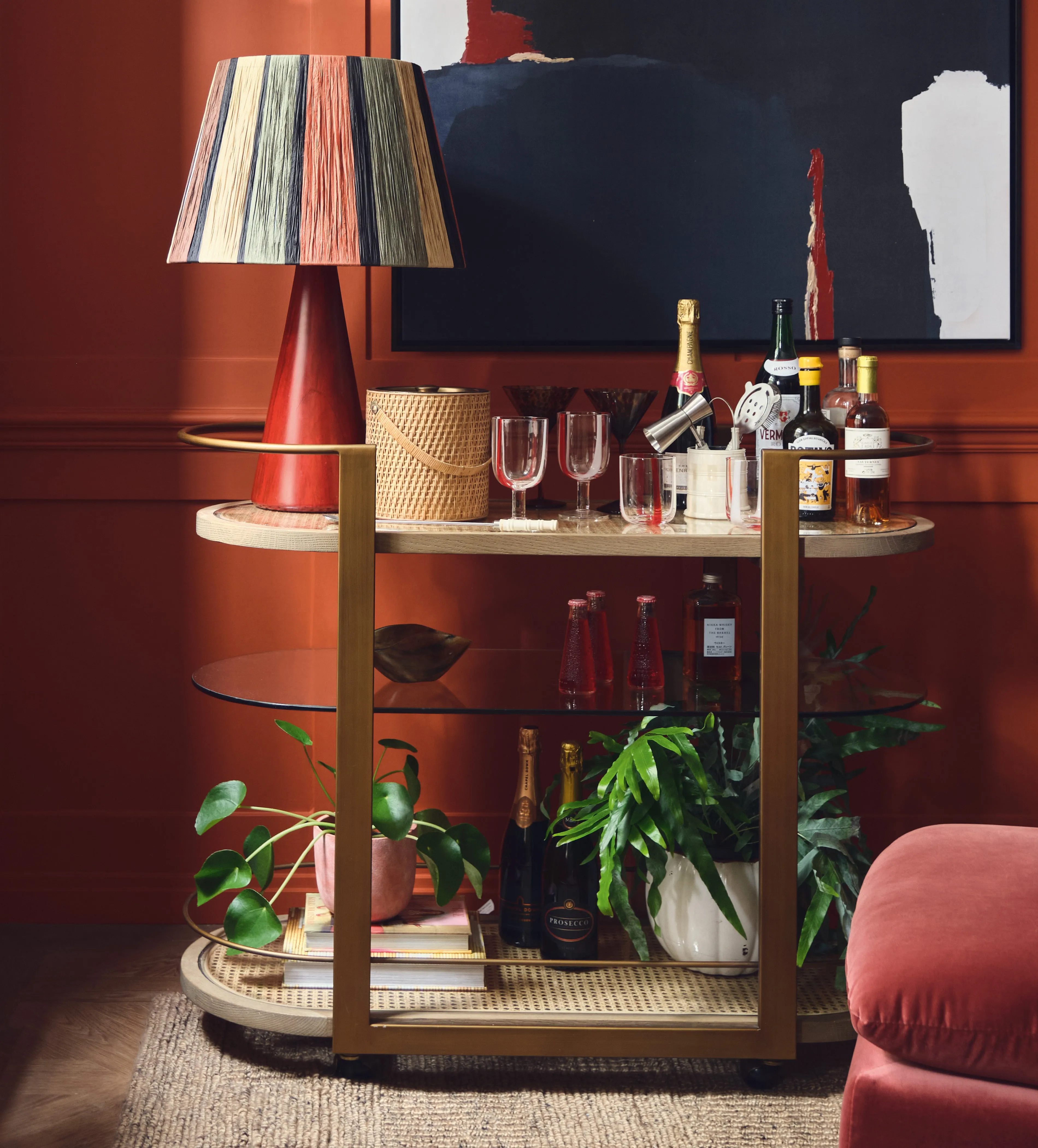 Curved Drinks Trolley with Casters - Oak, Cane
