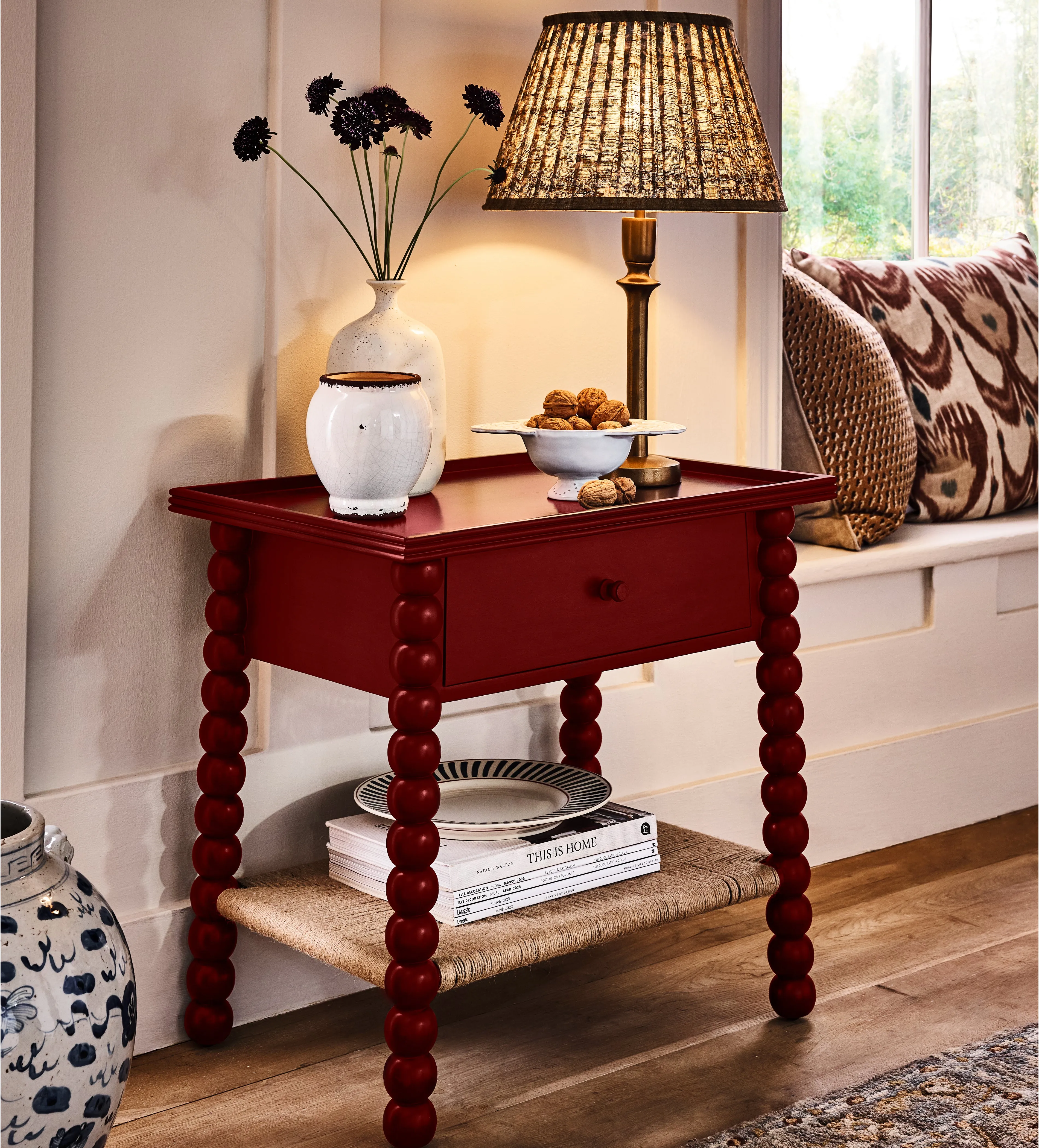 Curved Side Table with Drawer - Brushed Red