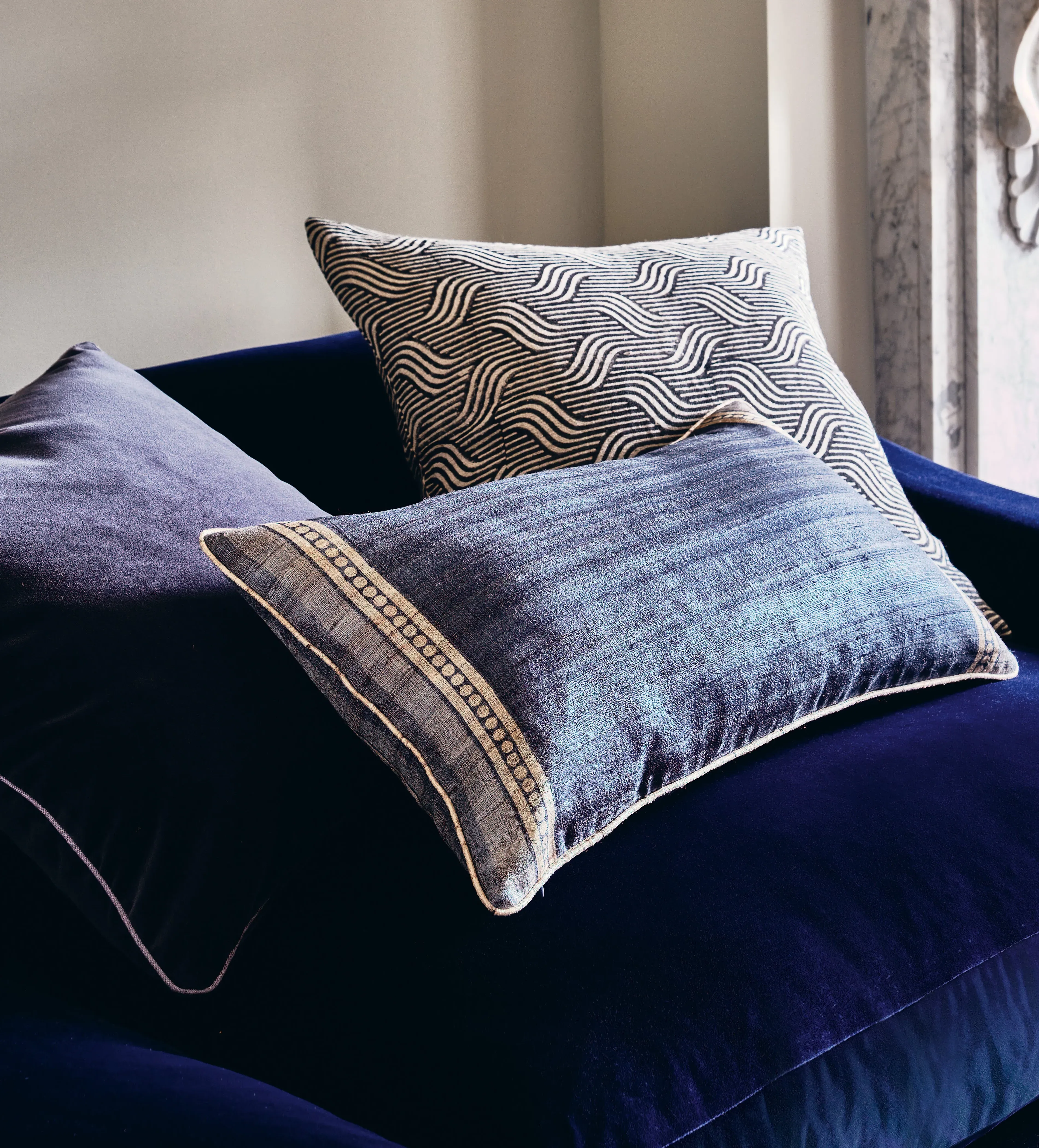 Cushion Cover with Block Print - Blue, Silk