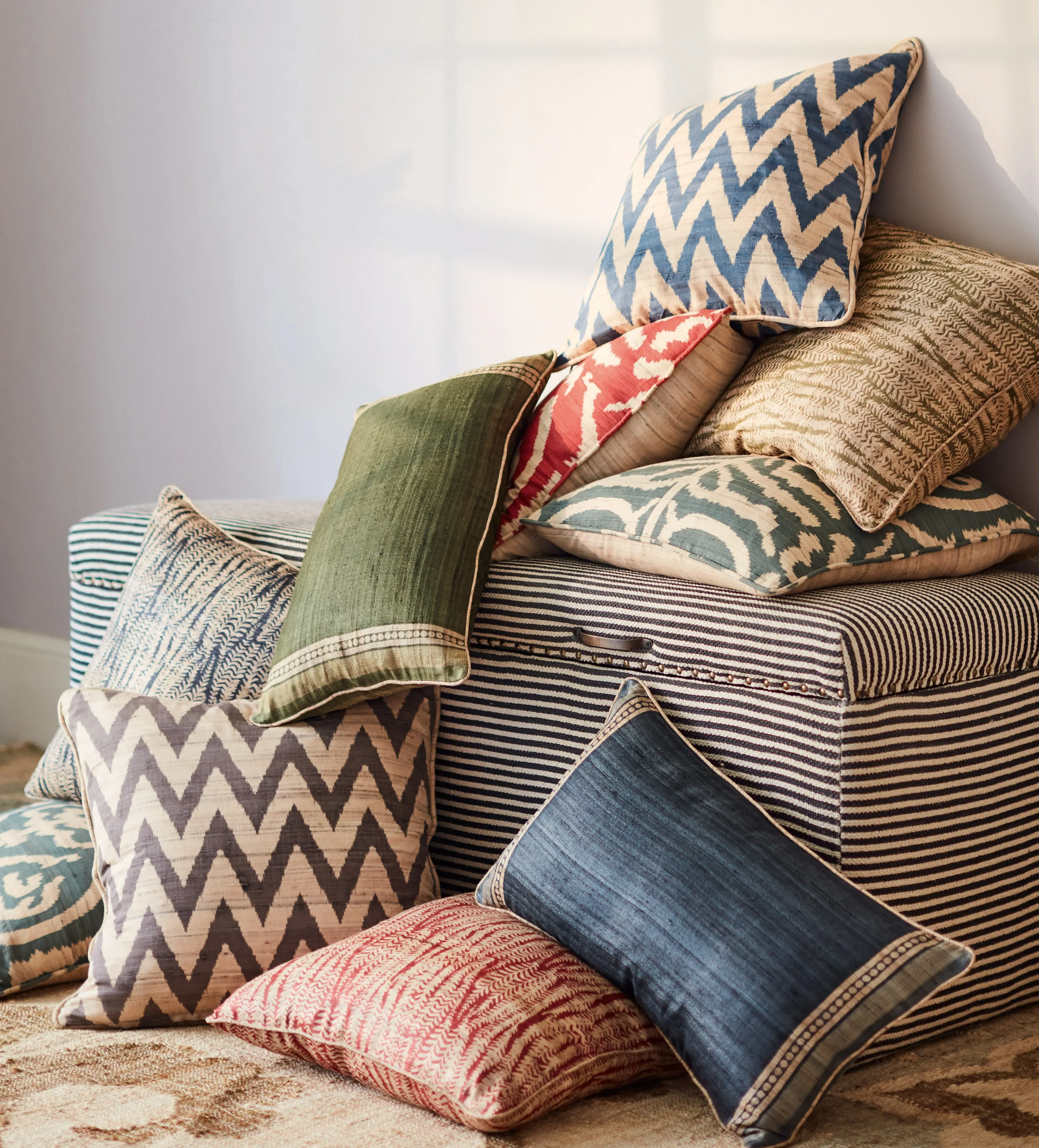 Cushion Cover with Block Print - Grey Green, Silk