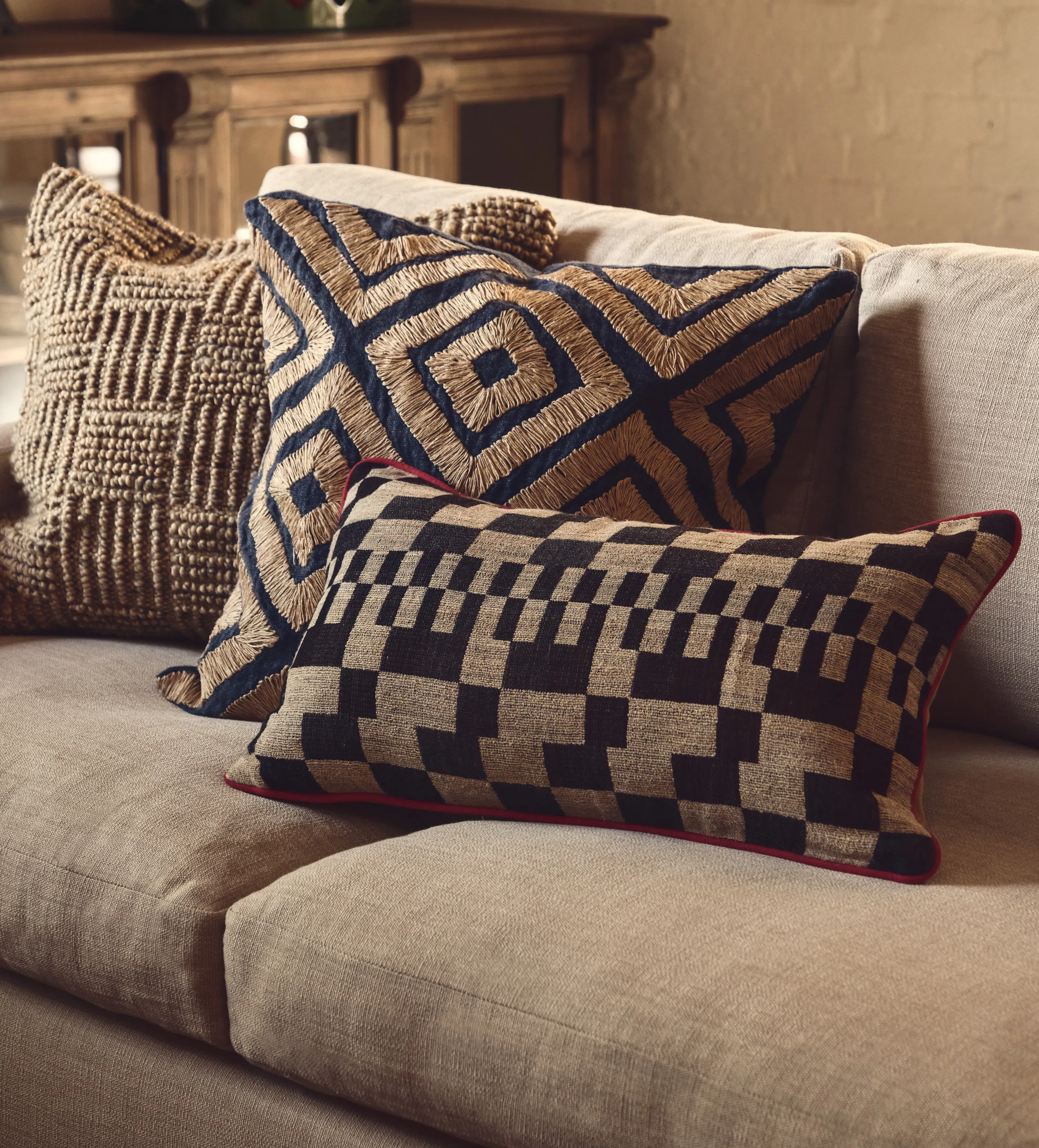 Cushion Cover with Diamond Pattern - Indigo, Linen