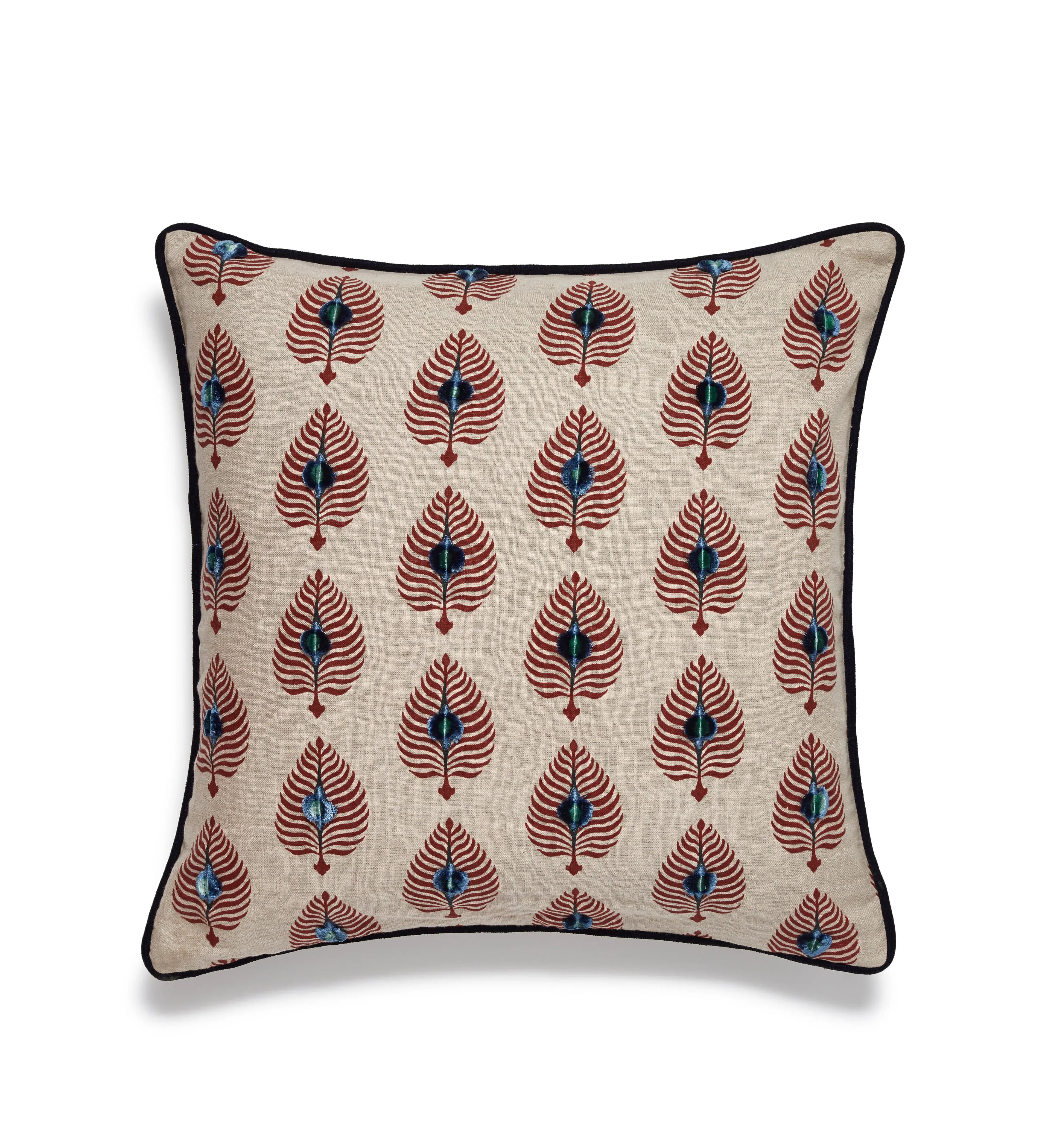 Cushion Cover with Embroidered Feathers - Natural