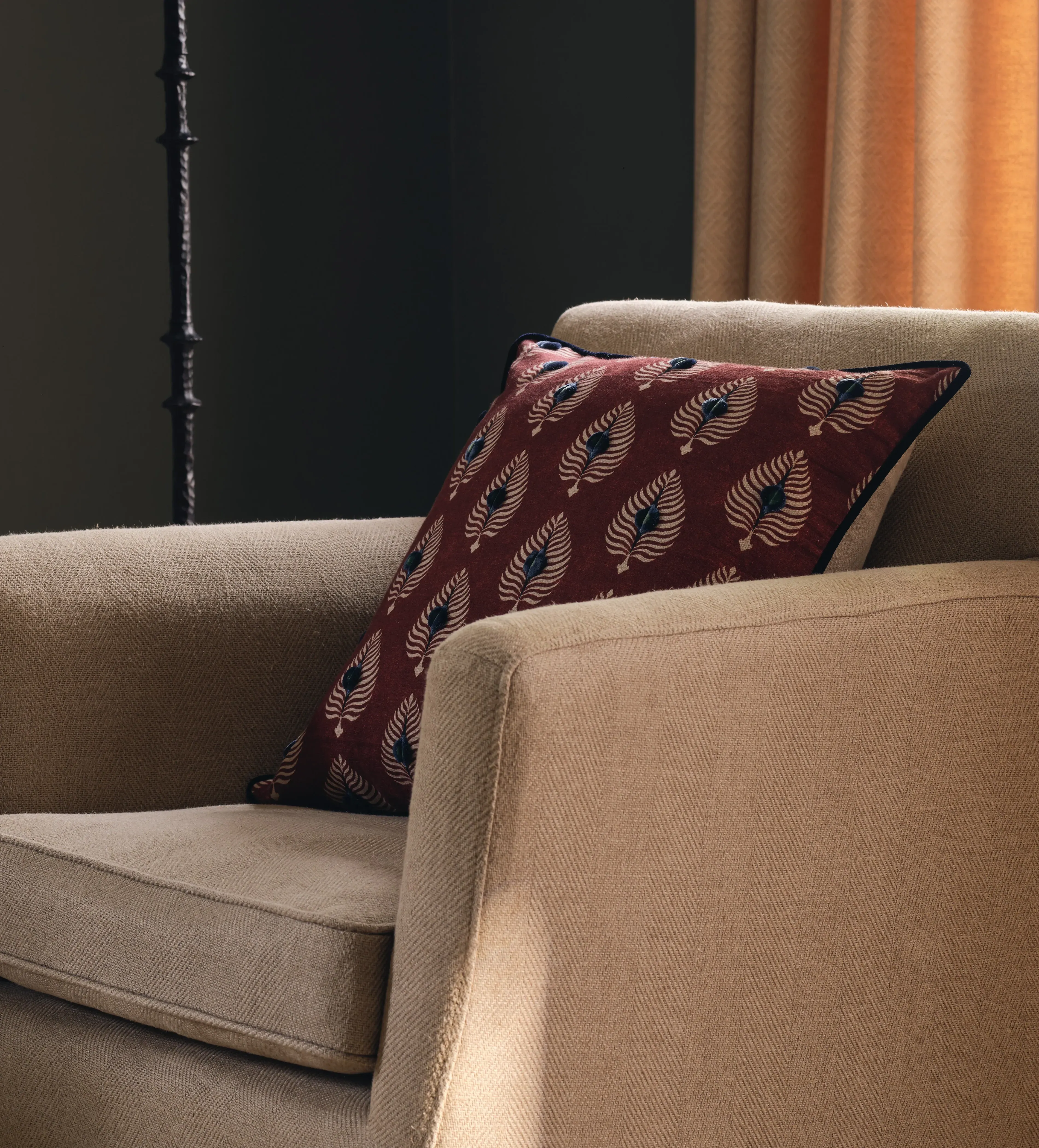 Cushion Cover with Embroidered Feathers - Red Garnet