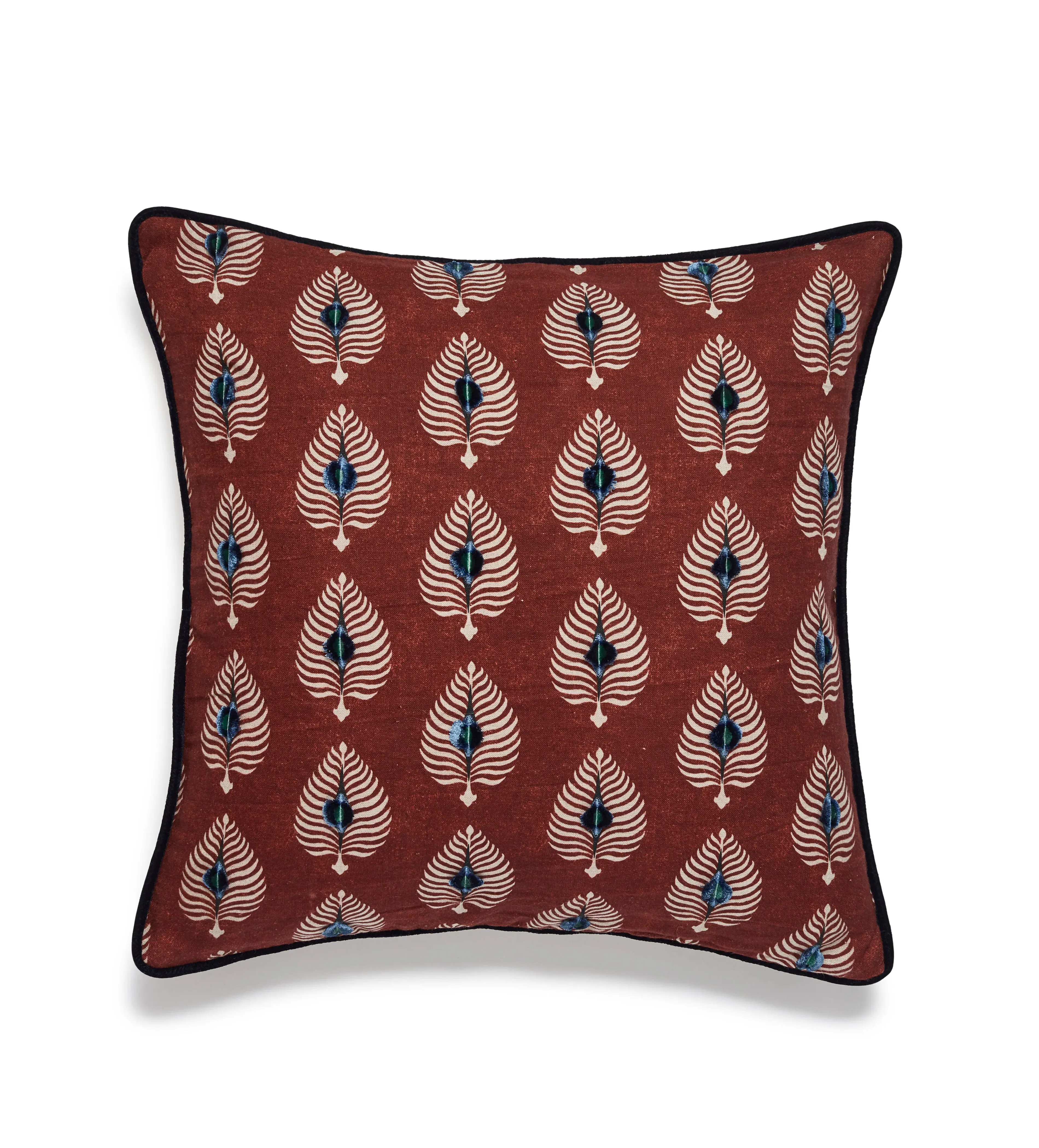 Cushion Cover with Embroidered Feathers - Red Garnet